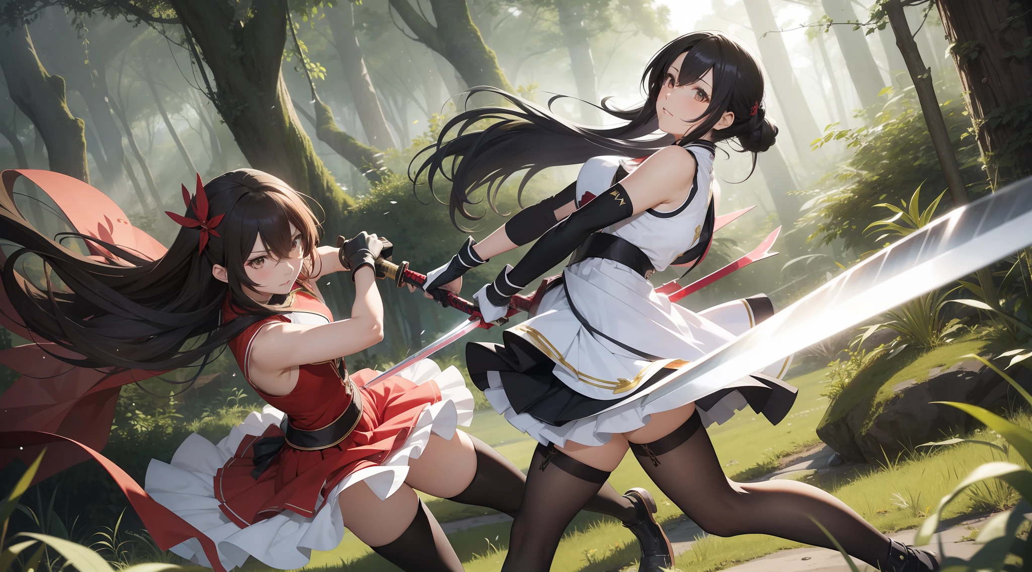 Full body shot from head to feet, two female from Revue Starlight characters. Tamao attacking Fumi, with short sword weapon, not looking, eyes to opponent, beautiful and serious expression. Fumi is injured, defeated and killed. Both characters have different long hairstyle, wear sleeveless dress and long gloves. Both characters wears short skirt is also a prominent feature of their attire, complemented by black thigh highs stockings. The background set in a deep forest.