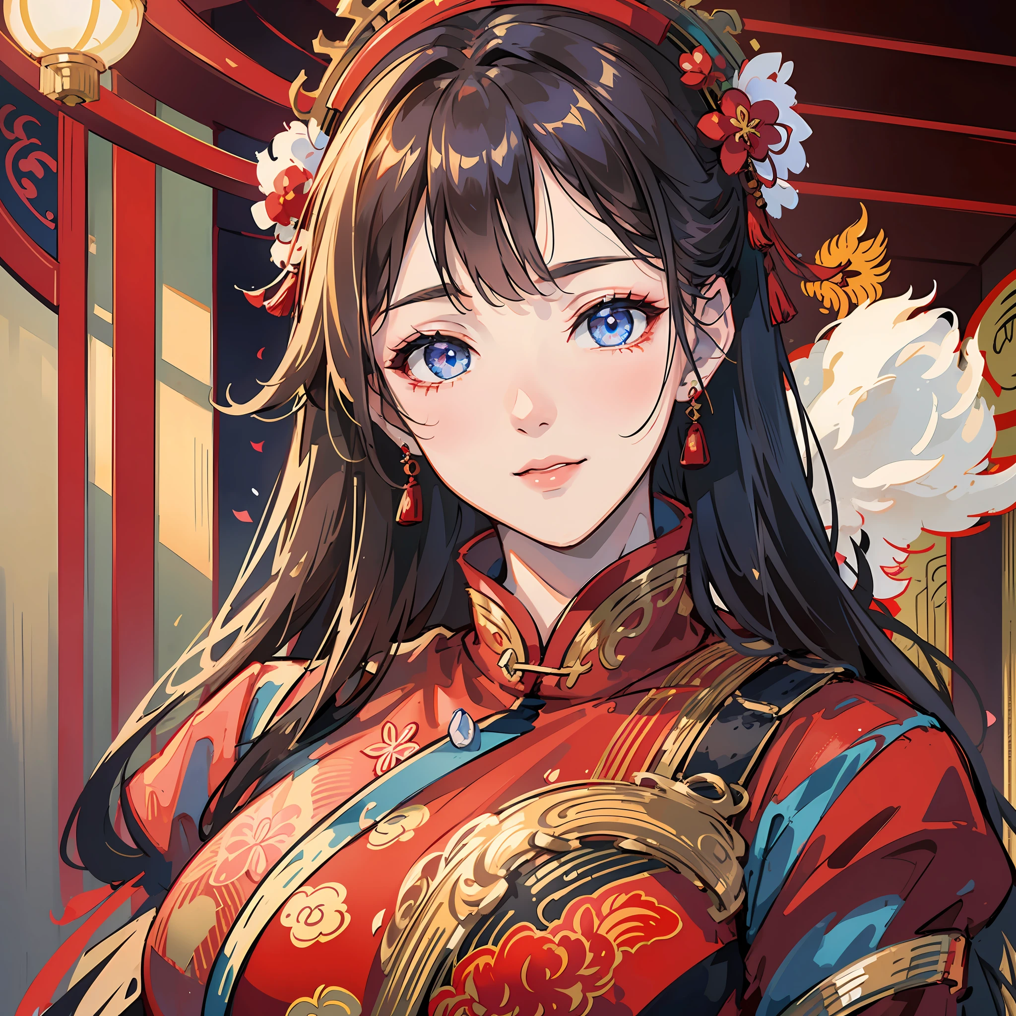 (8k, RAW Photo, Best Quality, Masterpiece: 1.2), (Realistic, Realistic: 1.37), 1 Girl, Woman in Red Dress and Headdress Posing for Photo, Gorgeous Role Play, Beautiful Costume, Chinese Dress, Complex Dress, Complex Costume, Traditional Beauty, Gorgeous Chinese Model, Chinese Costume, Wearing Gorgeous Costume, Wearing Elegant Chinese Xiuhe Dress, Chinese Wedding Dress, Phoenix Crown Xia Hanging, Antique Bride, Xiuhe Costume, Close Up, Wearing Phoenix Crown, Smile, No Watermark, Dragon and phoenix embroidered dress with blue eyes --auto --s2