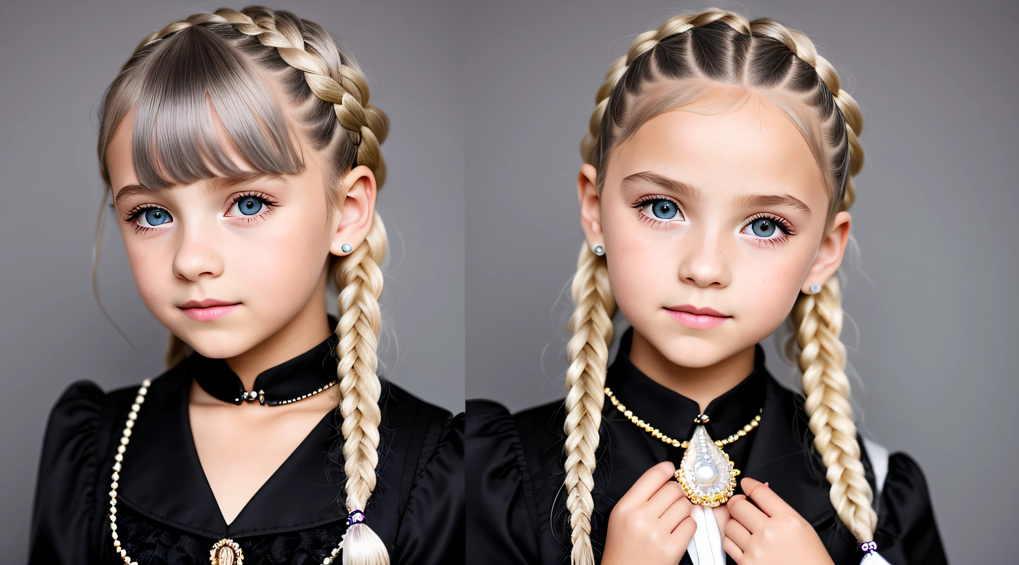 girl, golden eyes, platinum hair girl BLACK WITH BRAIDS, pearl brooch in hair, GREY BACKGROUND.