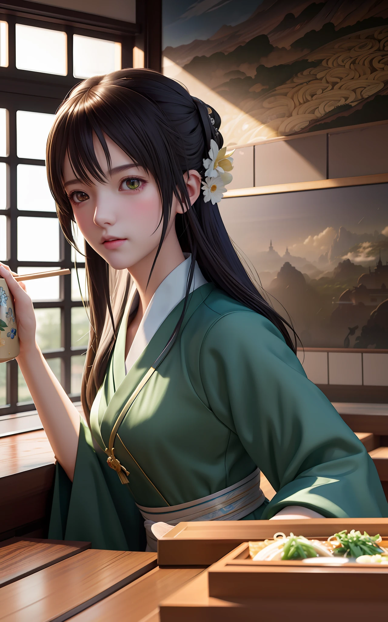 _modelshoot style, close up, (extremely detailed CG unity 8k wallpaper), full shot body photo of the most beautiful artwork in the world, beautiful ((ramen shop)), professional majestic impressionism oil painting by Waterhouse, John Constable, Ed Blinkey, Atey Ghailan, Studio Ghibli, by Jeremy Mann, Greg Manchess, Antonio Moro, trending on ArtStation, trending on CGSociety, Intricate, High Detail, dramatic, makoto shinkai kyoto, trending on artstation, trending on CGsociety, anime, cel shading