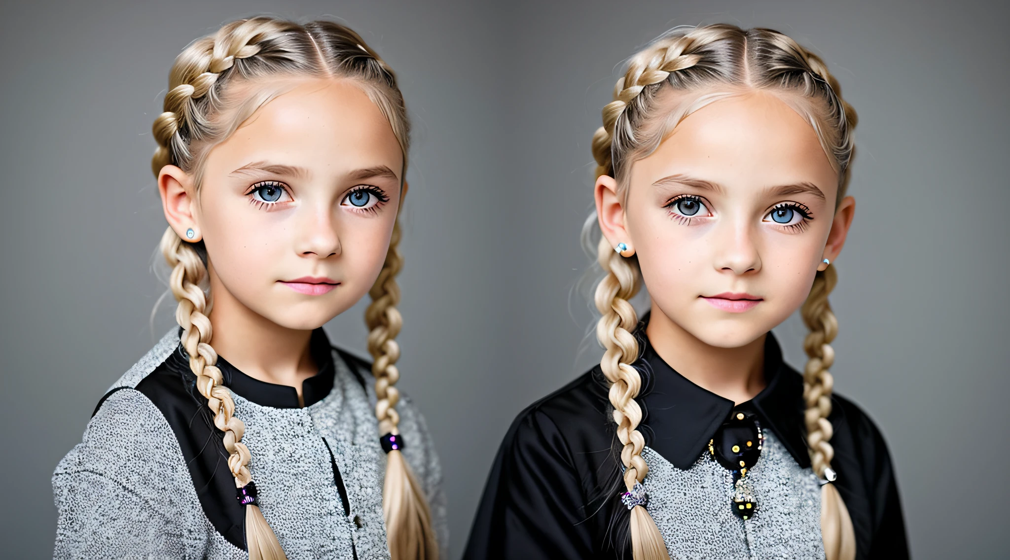  girl, golden eyes, platinum hair girl BLACK WITH BRAIDS, pearl brooch in hair, GREY BACKGROUND.