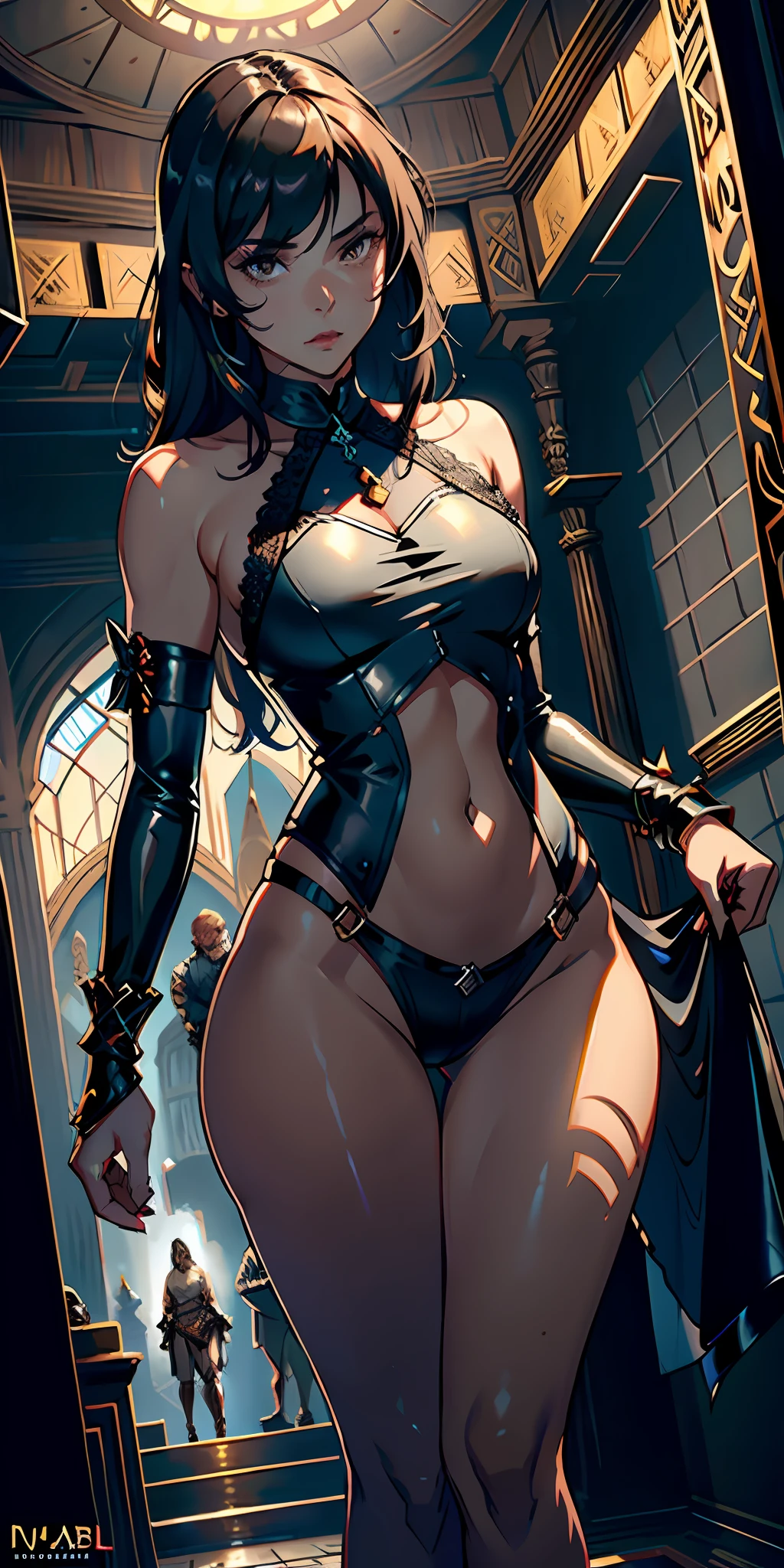 Photorealistic, raw photo, hyper detailed, detailed background, studio lights, chromatic freak, best shadows, solo, 1 woman, an arabian princess, brown skin, brown eyes, wearing sexy clothing Royal black leather, Medieval Arabia, shoulders showing, navel showing, lace, makeup, small tight breasts, shiny skin, realistic skin texture, HDR, 8K, sharp focus, cinematic, intimidating, (low angle shot), (((she is ready to punish her sub))), she is standing