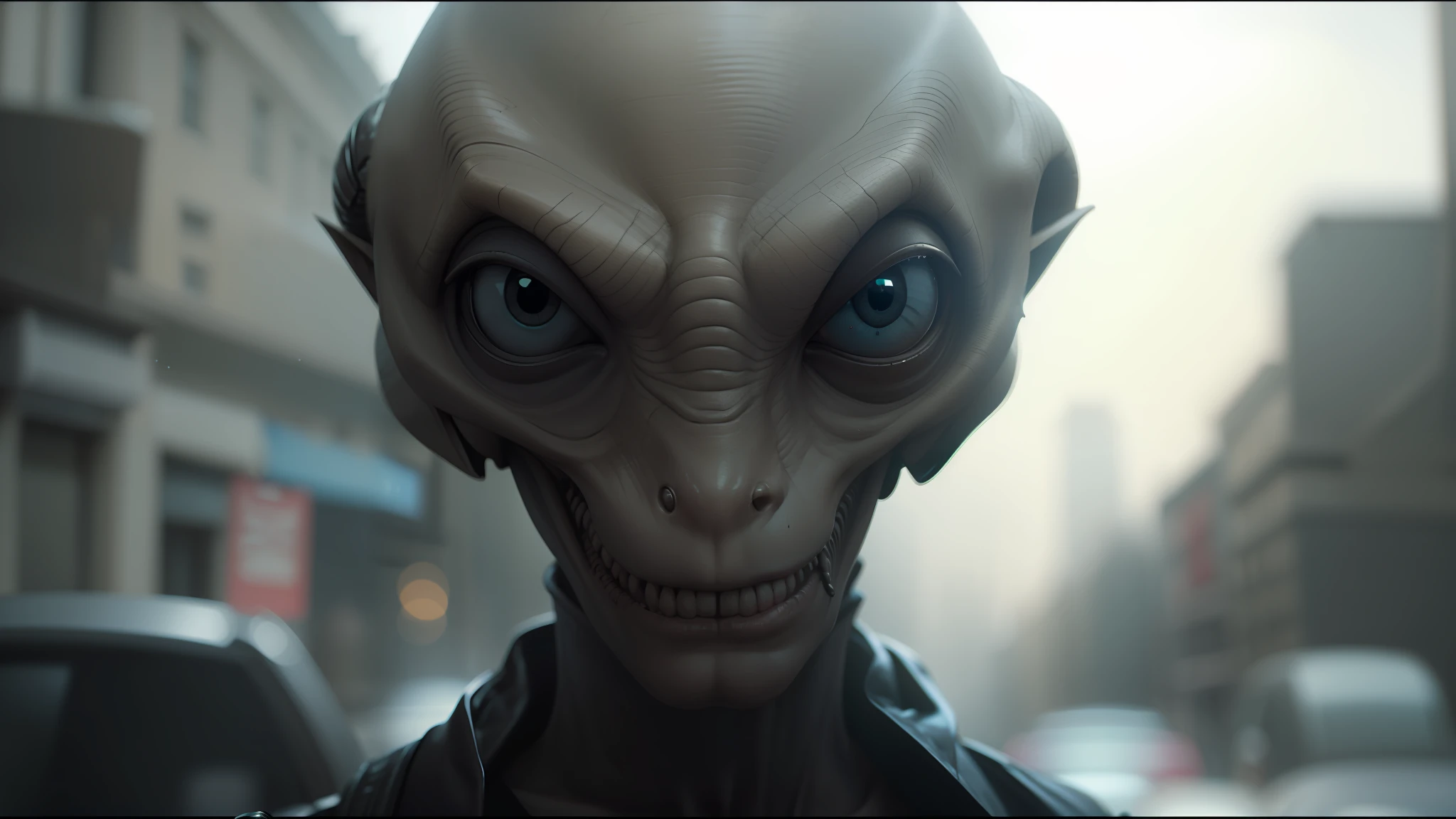 there is a close up of a alien head on a street, cinematic cgsociety, netfilx !n-9, stunning character art, izombie, anamorphic lenses. high quality, symmetrical eyes and face, inspired by Nikolai Yaroshenko, the artist has used bright, grey alien, an alien working on a computer, obunga --auto --s2