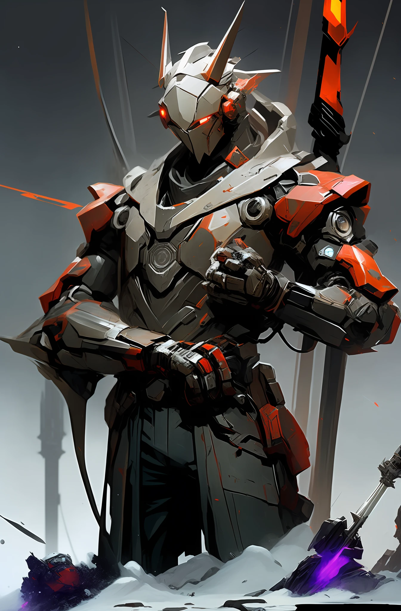 arafed robot with a sword and a large head standing in the snow, inspired by Marek Okon, benedick bana, epic sci - fi character art, epic sci-fi character art, beautiful robot character design, style of raymond swanland, epic scifi character art, by senior environment artist, wojtek fus
