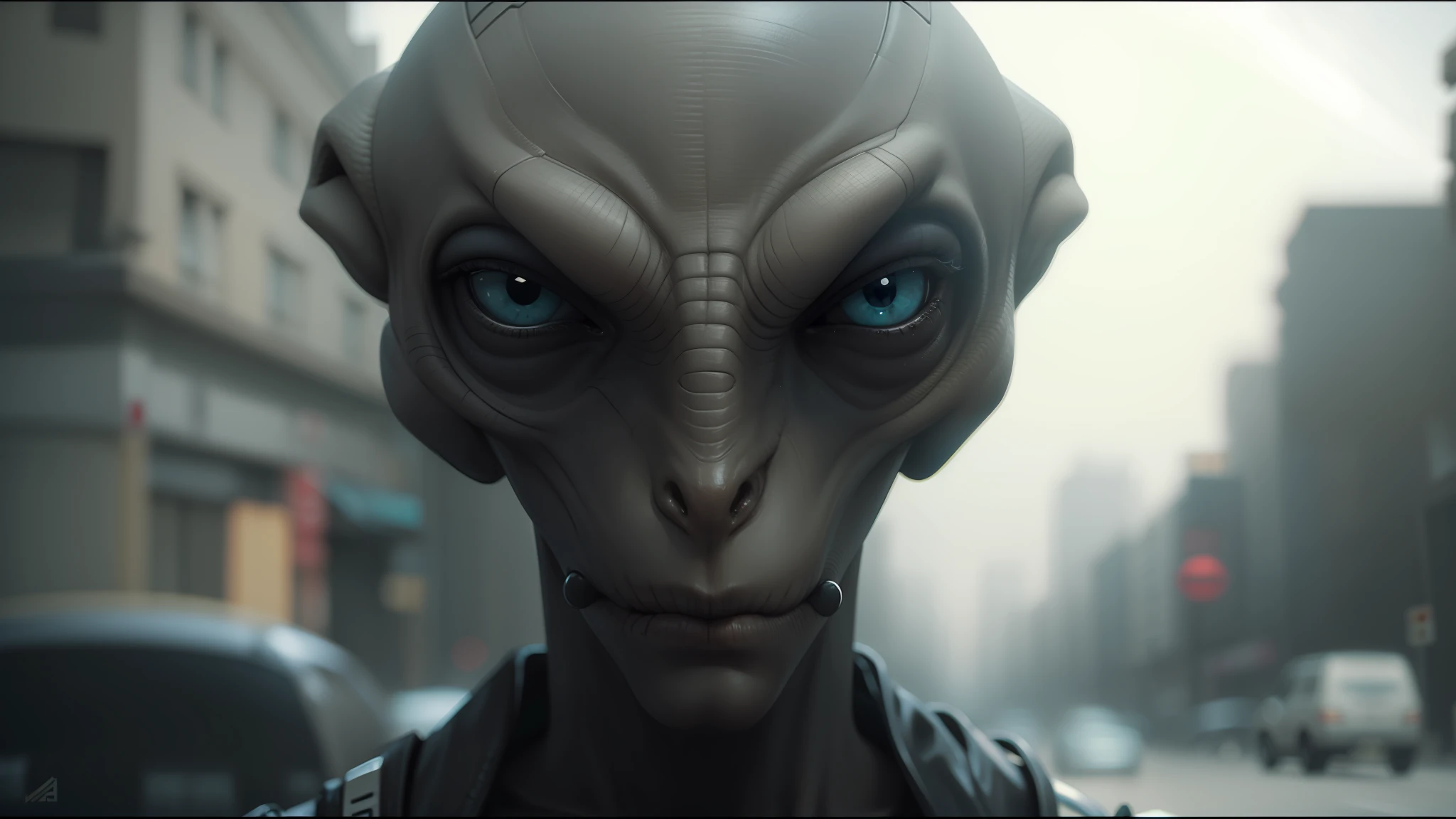 there is a close up of a alien head on a street, cinematic cgsociety, netfilx !n-9, stunning character art, izombie, anamorphic lenses. high quality, symmetrical eyes and face, inspired by Nikolai Yaroshenko, the artist has used bright, grey alien, an alien working on a computer, obunga --auto --s2