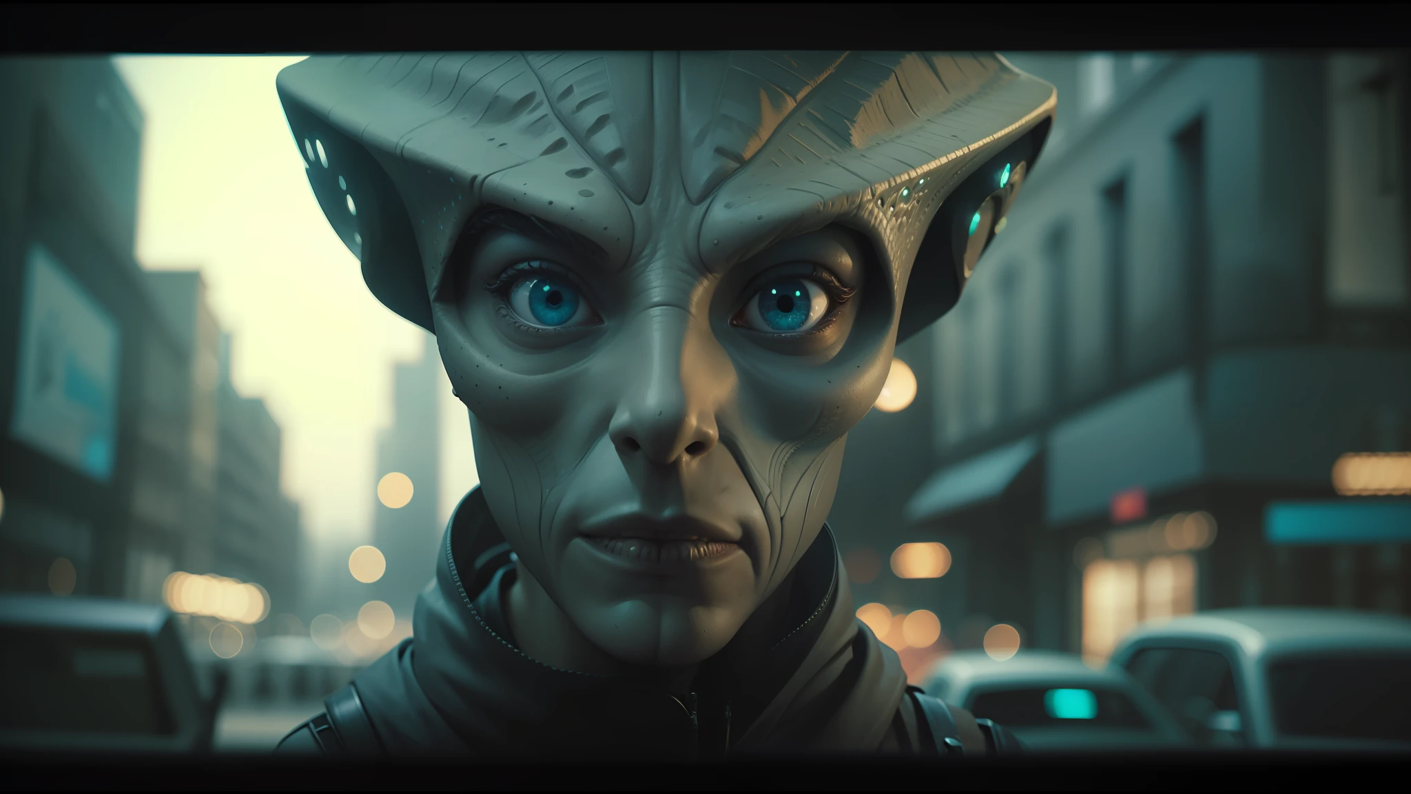 a close up of a person with a strange face and a hood on, asteroids realistic cinematic, pierre pellegrini and ash thorp, supporting characters, with big eyes, perfectly symmetrical alien face, reptilian skin, generic male npc face, nomad, facial closeup, valerian, award - winning brand agency, by Aaron Nagel, xenobiology --auto --s2