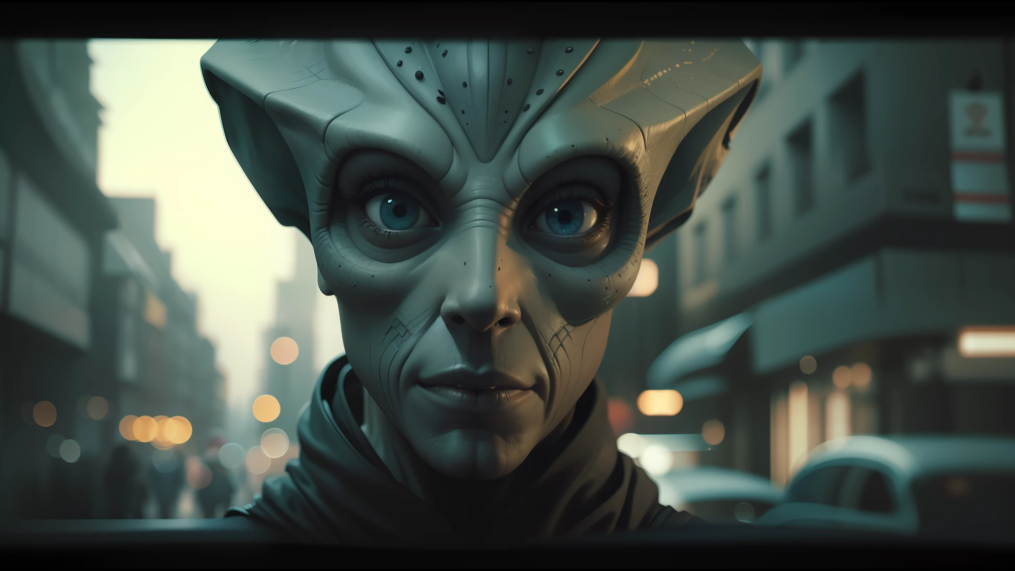 a close up of a person with a strange face and a hood on, asteroids realistic cinematic, pierre pellegrini and ash thorp, supporting characters, with big eyes, perfectly symmetrical alien face, reptilian skin, generic male npc face, nomad, facial closeup, valerian, award - winning brand agency, by Aaron Nagel, xenobiology --auto --s2