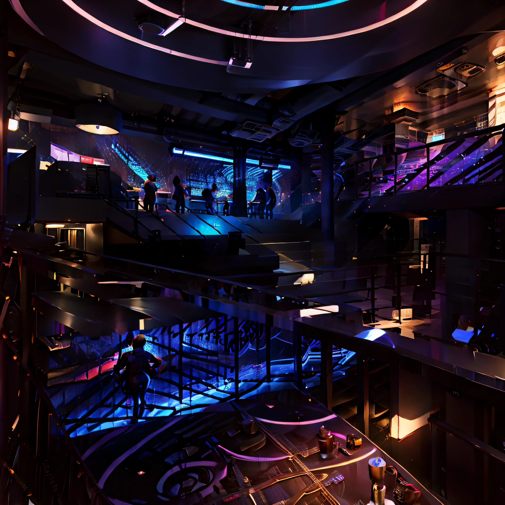 strip club, few cgi peoples sitting and dinking, with blue lights,tables and seats, bar, amazing lights, collorfull,big place emphasis to show glowing dancing poles,