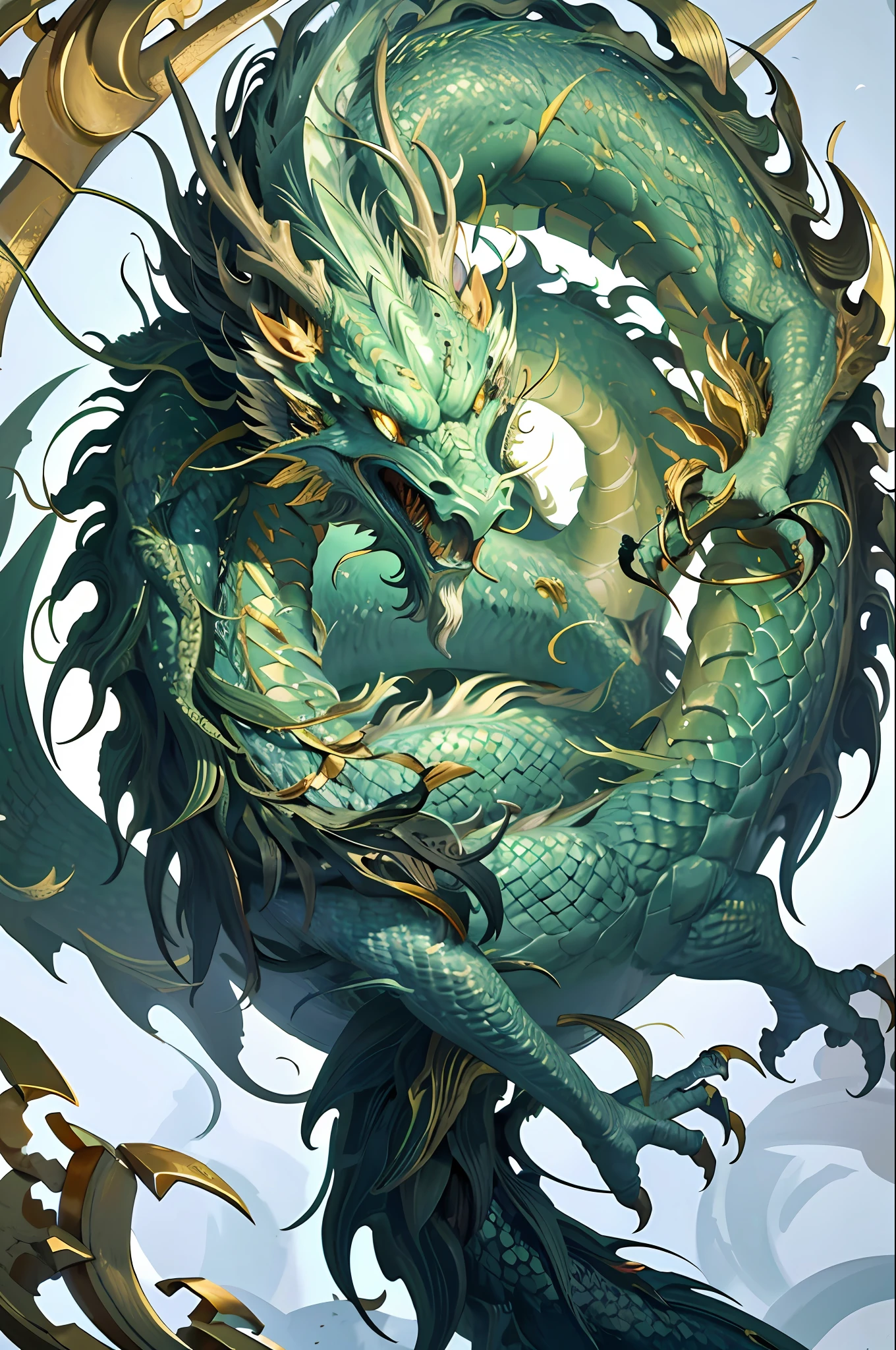 Logo, masterpiece, (on white background: 1) green Chinese dragon, surrounded by gold dust, black flowers, trees, petals, wind, god, long wavy body, fangs, fantasy, mythology, high quality, highly detailed, masterpiece, epic, particle effects, dynamic effects, sun in background