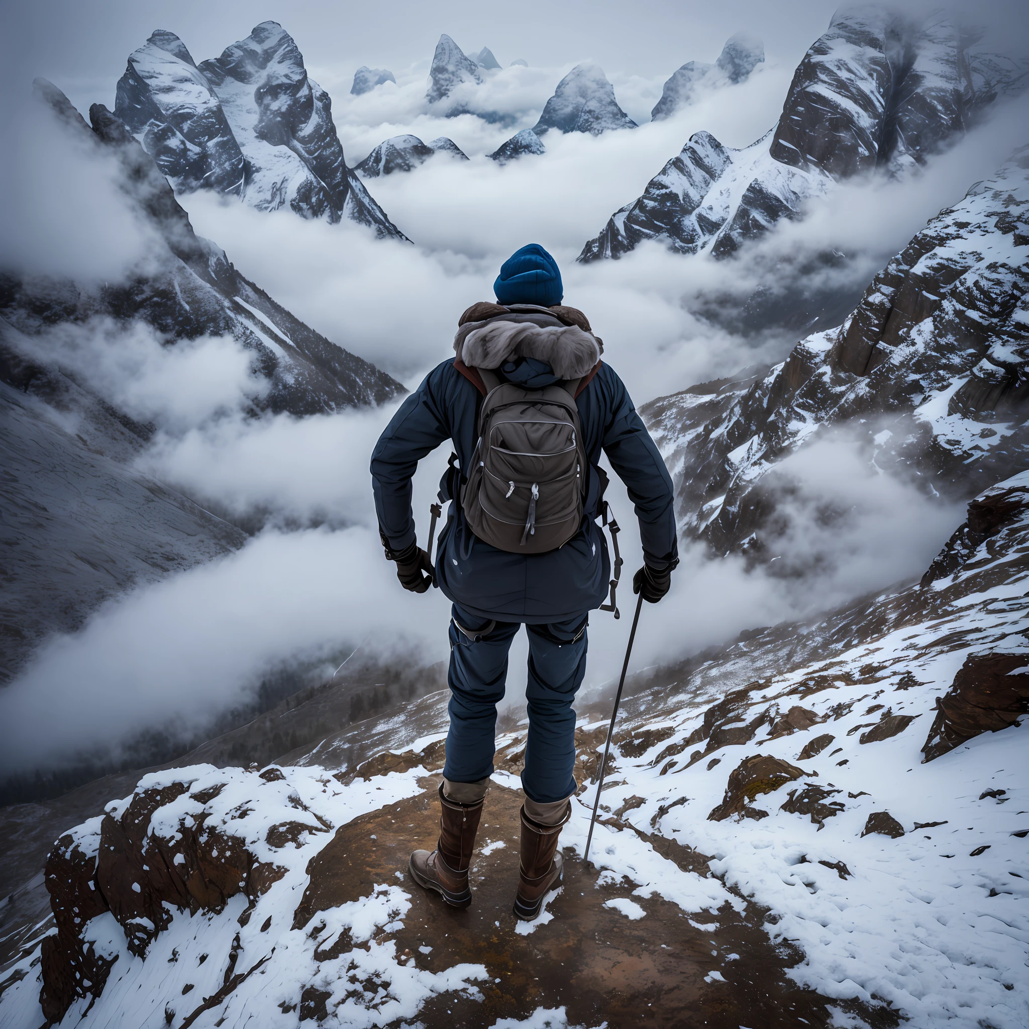 ((best quality)), surrealist world, man on his back in a victorious position, atop a steep mountain covered in mist at the top, soft light, wintry scenery, falling snow, dramaticity in the composition.