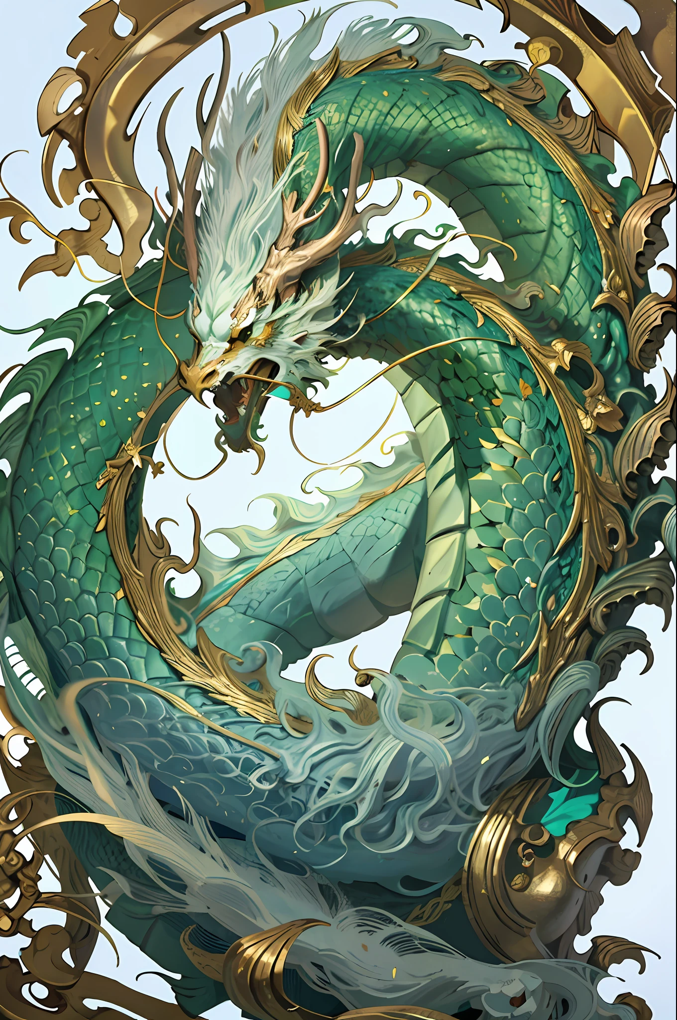 Logo, masterpiece, (on white background: 1) green Chinese dragon, surrounded by gold dust, black flowers, trees, petals, wind, god, long wavy body, fangs, fantasy, mythology, high quality, highly detailed, masterpiece, epic, particle effects, dynamic effects, sun in background