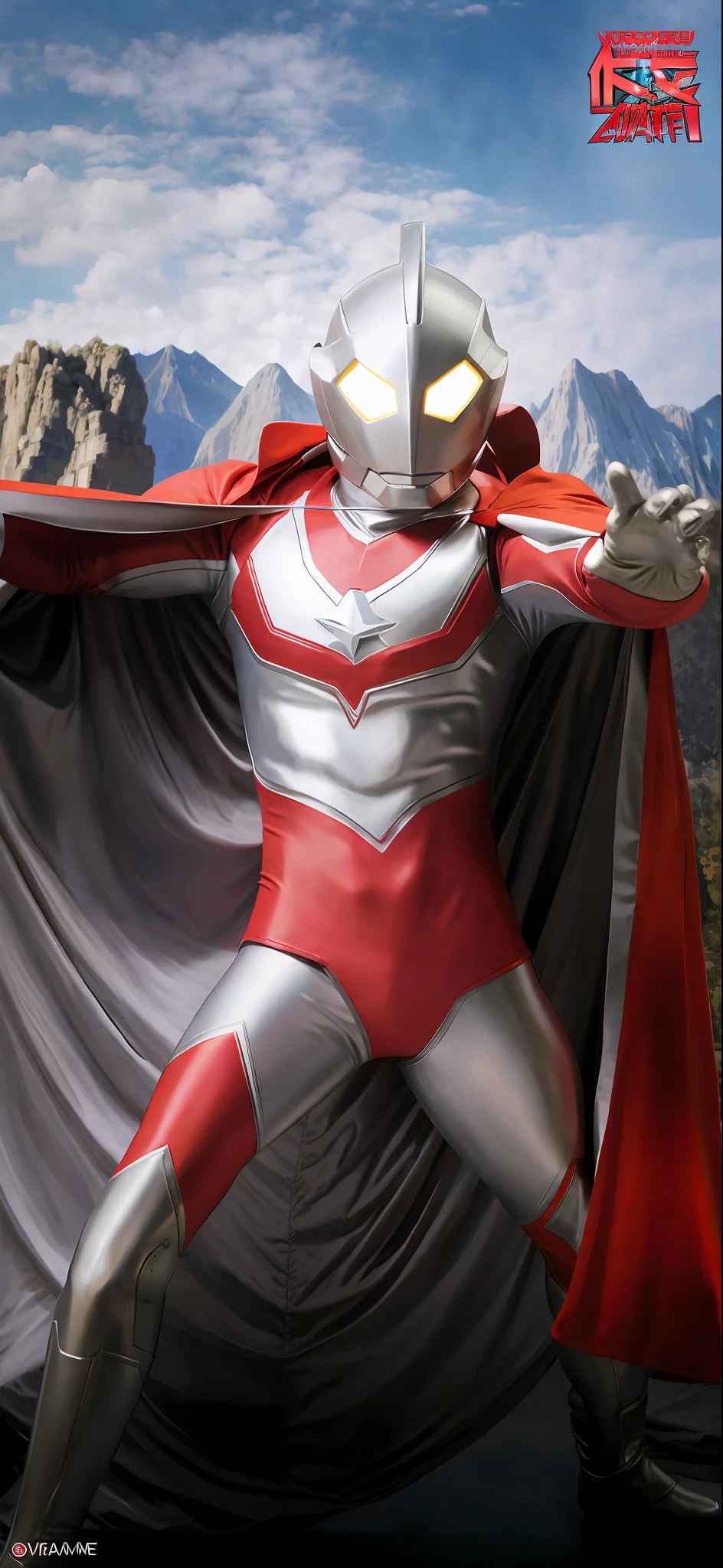 araffe dressed in a red and white superhero suit with a cape, ultraman, ultra mega detailed, saitama, ultra mega super hyper detail, full body 1 / 6 nihei tsutomu, hyper ultra detailed, silver armor and red clothing, zentai suit, portrait of saitama, full body zenkai! asuka suit, ultra mega super hyper realistic