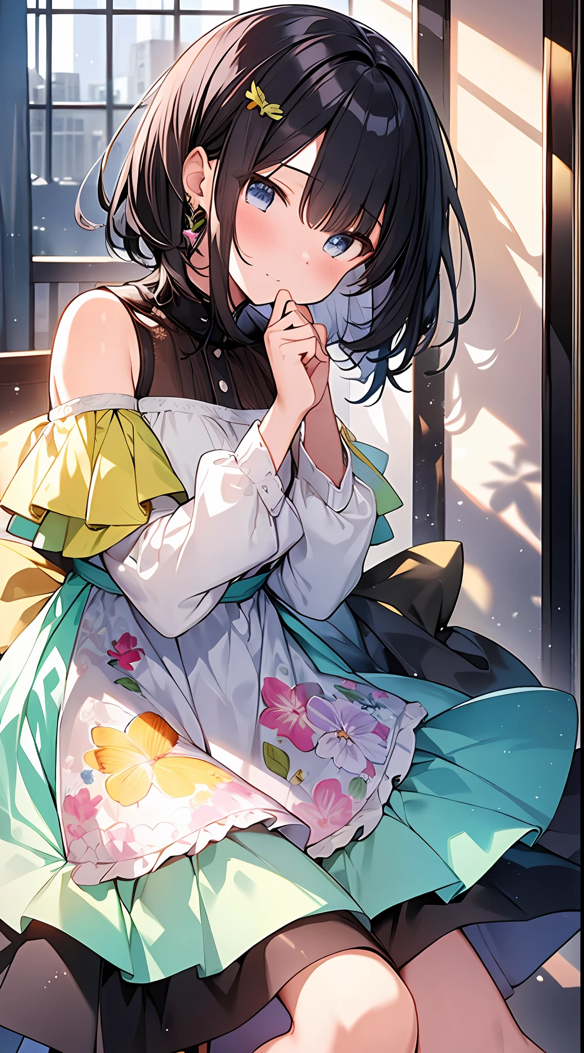 Top quality, masterpiece, high resolution, 8k, pastel colors, luminous yellow dress and skirt anime style girl, lightly dressed, girl 1 person, (covered one's cheek with one's hands): 1.4, blush, detailed line art, bright white and bright amber style, digital enhancement, anime core, flowing fabric, close-up, Shoulder-length hair with short braids, beautiful black hair, low angle