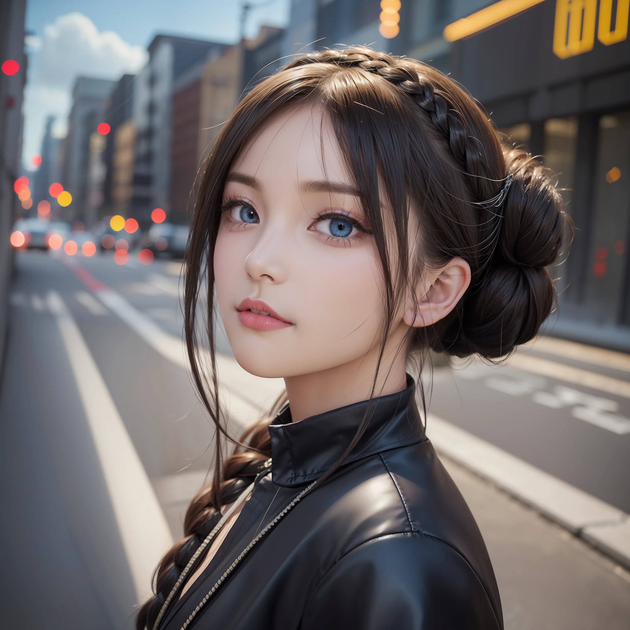 Brunette hair, braided bun, shiny hair, bangs pinned at back, hairpins, kanzashi, headphones behind head, heart-shaped pupils, aqua blue eyes, light smile, high detail, gothic art, cubism, chiaroscuro, silhouette, wide-angle lens, absolute field, sony fe gm, uhd, masterpiece, best quality, award-winning, panorama, realistic architecture street