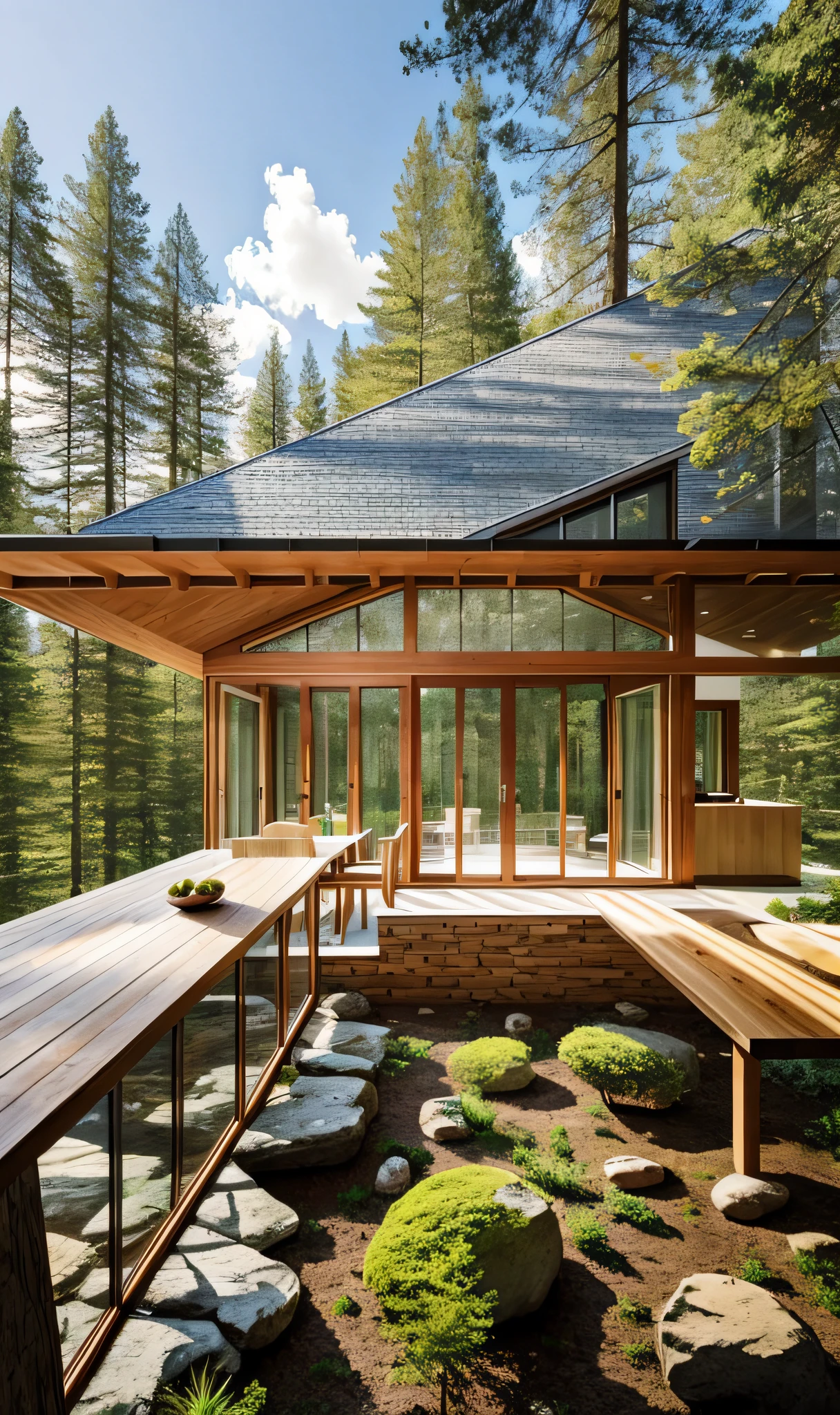 cimeted house, big window, outside forest, wooden dining chair, table, stone couter top, wooden beam,