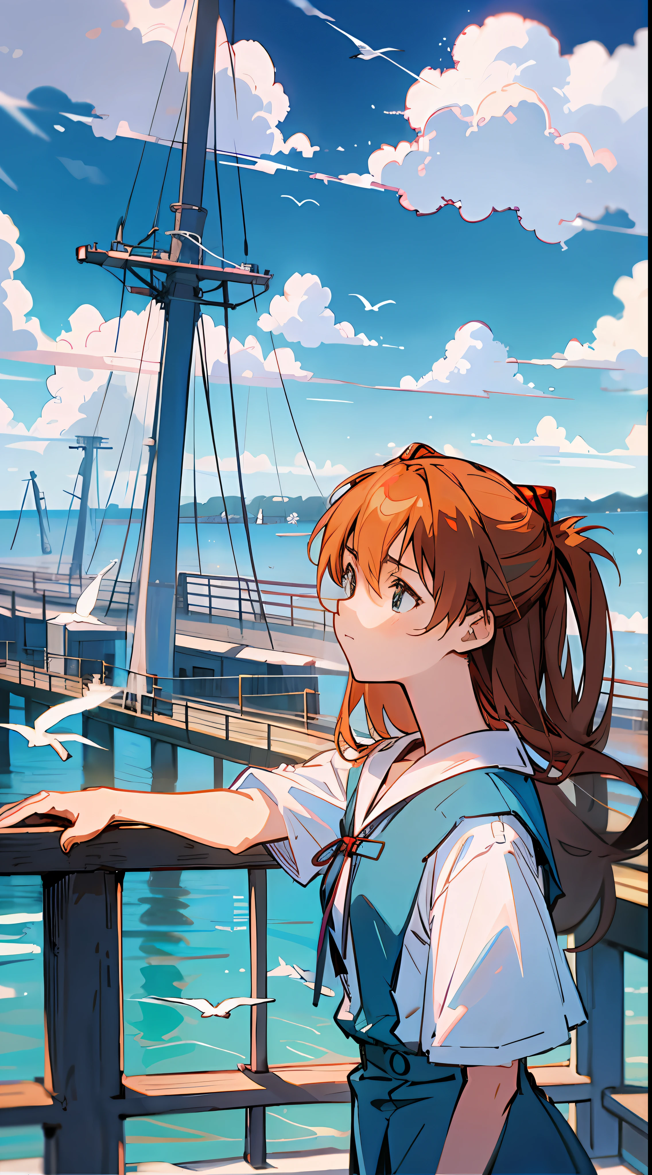 Asuka, 1 girl, pier, blue school uniform, ocean, blue sky, white cloud, seagull, 8k, best quality, proud expression, serious expression