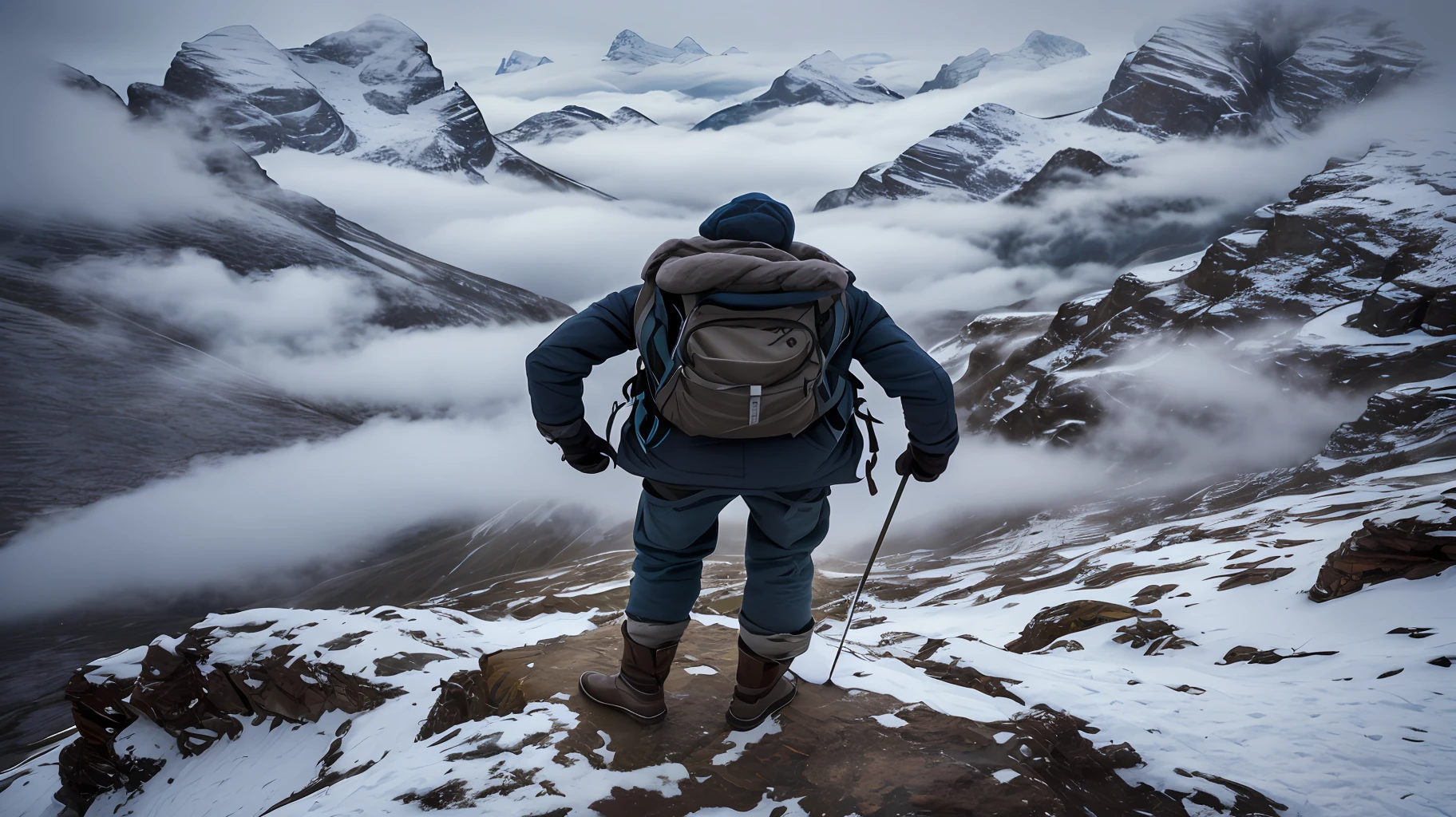 ((best quality)), surrealist world, man on his back in a victorious position, atop a steep mountain covered in mist at the top, soft light, wintry scenery, falling snow, dramaticity in the composition.
