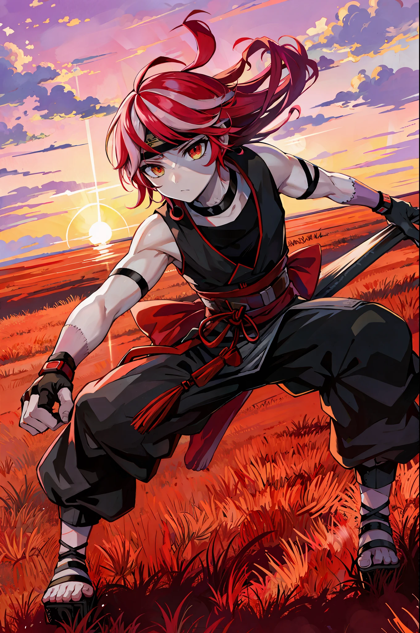 A young ninja with a determined gaze, training in an open field at dawn, with the sun rising in the background. 4k