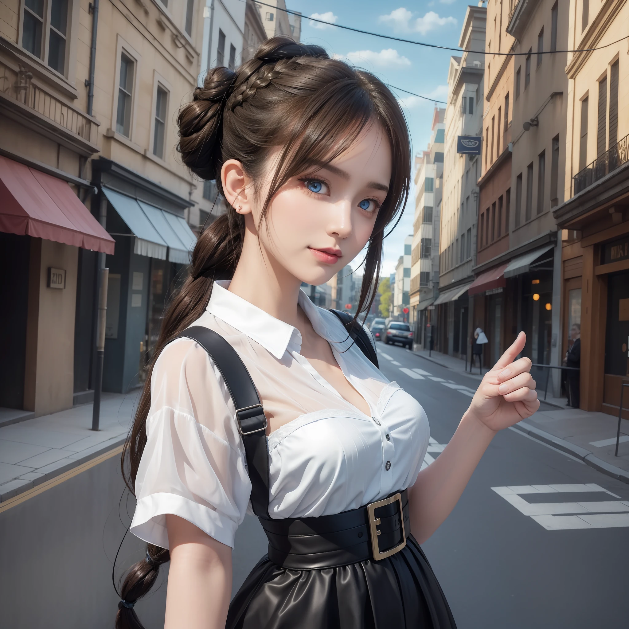 Brunette hair, braided bun, shiny hair, bangs pinned at back, hairpins, kanzashi, headphones behind head, heart-shaped pupils, aqua blue eyes, light smile, high detail, gothic art, cubism, chiaroscuro, silhouette, wide-angle lens, absolute field, sony fe gm, uhd, masterpiece, best quality, award-winning, panorama, realistic architecture street