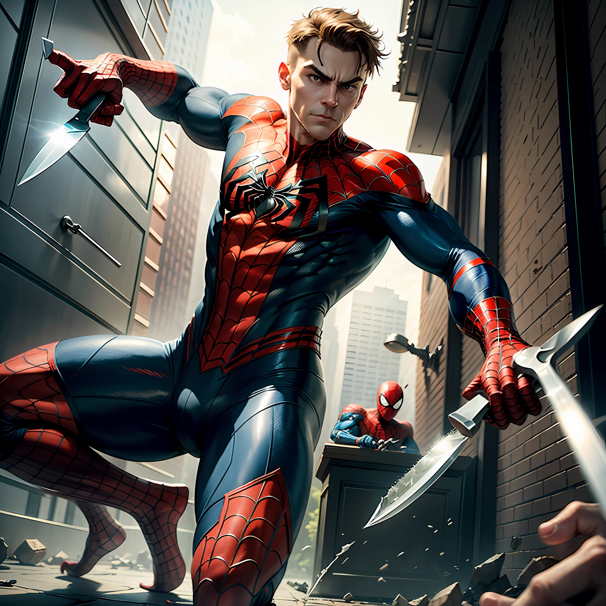 Chuck with a knife in his hand, trying to kill the spiderman.