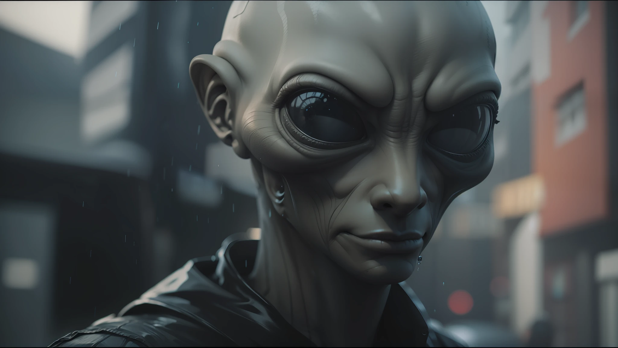 there is a very large alien with big eyes and a black jacket, hq 8k cinematic, by Karl Matzek, cinematic luts, portrait featured on unsplash, acid rain effect, realistic restored face, inspired by Fritz Puempin, anamorphic film, 8k comic art, gray anthropomorphic --auto --s2