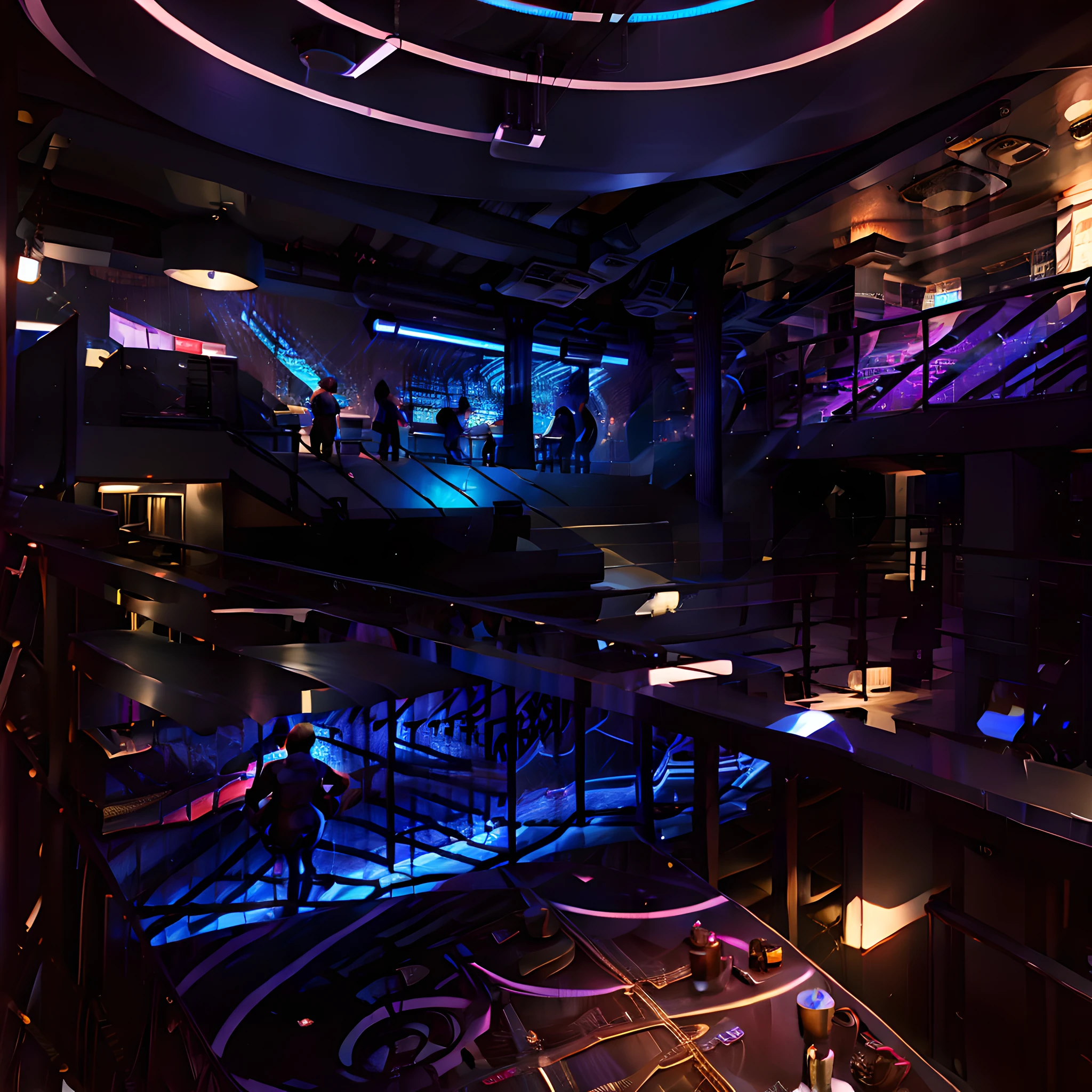 strip club, few cgi peoples sitting and dinking, with blue lights,tables and seats, bar, amazing lights, collorfull,big place emphasis to show glowing dancing poles,