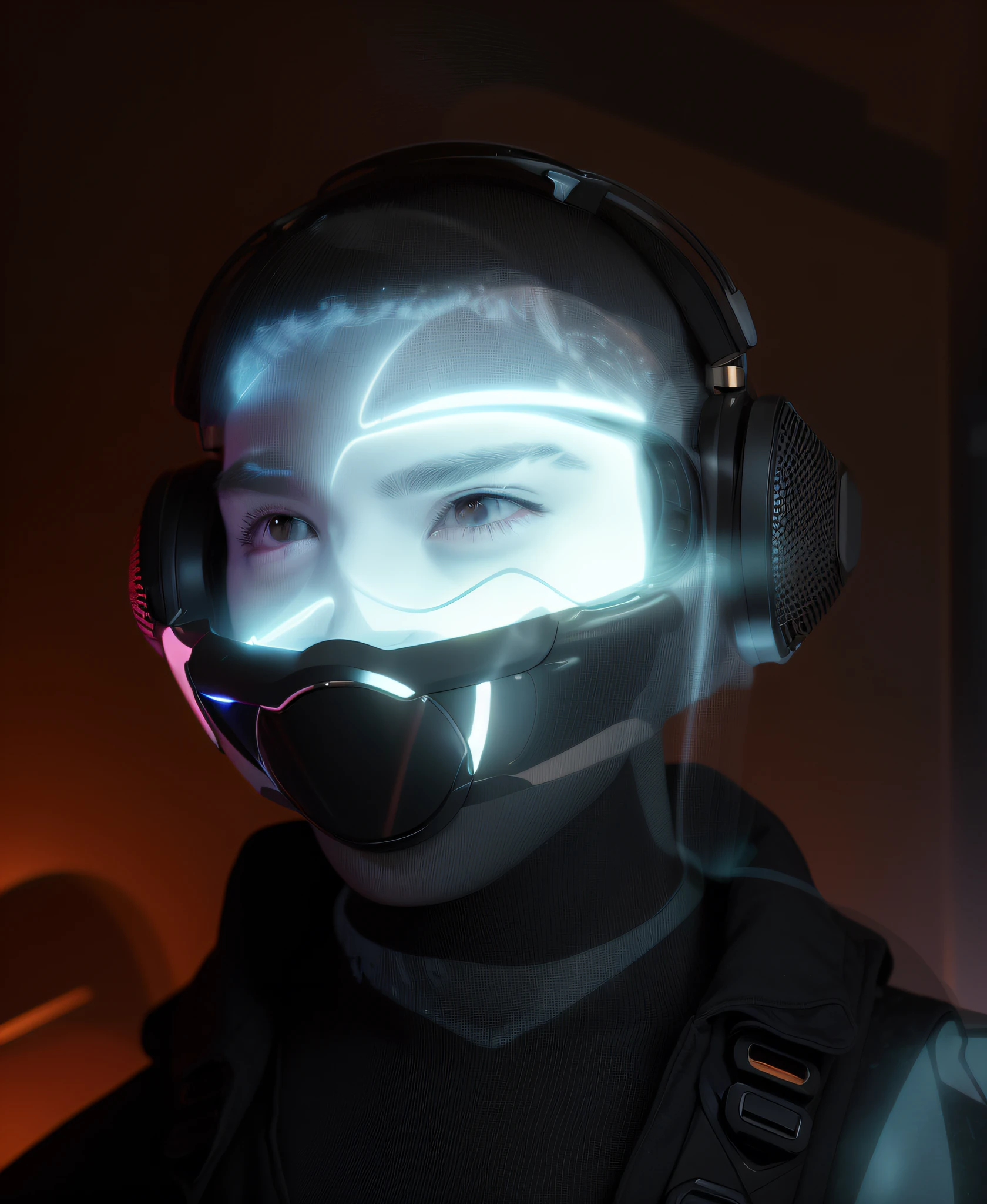 Man wears bronze headphones and masks, blurring the futuristic feel, wearing gaming headsets, tech-faced contoured, orange metal accents adding a trendy touch, futuristic headphones to set off the modern feel, floating headphones to add dynamism, cyberpunk-style headphones to highlight the personality. , while wearing VR devices, performance comparable to the future, including 3D goggles and AR capabilities, all provided by Bang Olufsen, can effectively reduce feelings of nervousness and extreme material tension, can be best experienced in virtual reality movies (Ghost in the shell).