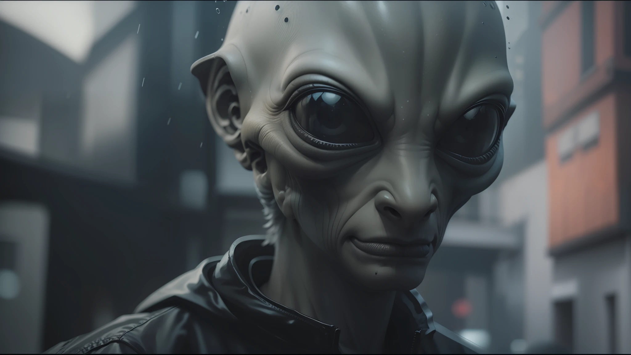 there is a very large alien with big eyes and a black jacket, hq 8k cinematic, by Karl Matzek, cinematic luts, portrait featured on unsplash, acid rain effect, realistic restored face, inspired by Fritz Puempin, anamorphic film, 8k comic art, gray anthropomorphic --auto --s2