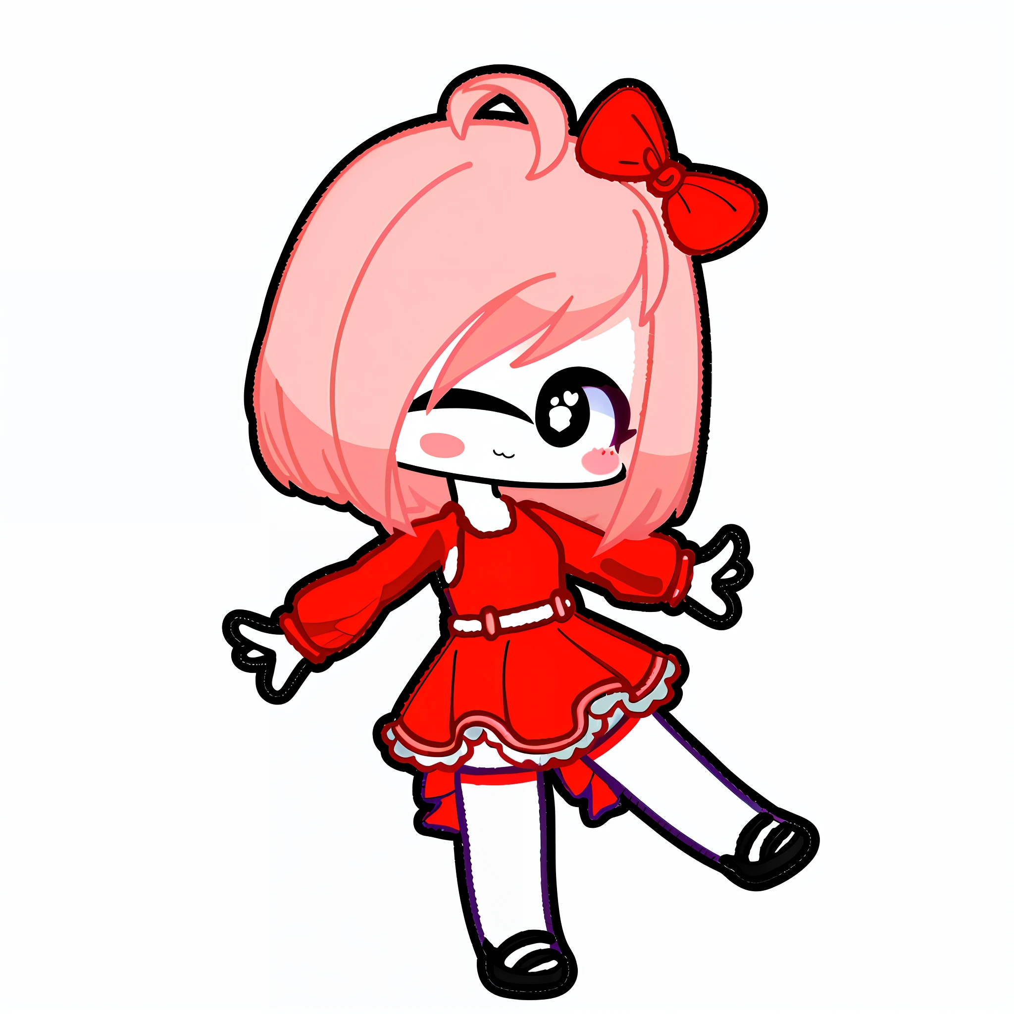 cartoon girl in red dress with pink hair and black shoes, chibi, li girl, loli, ane chibi, [[[[grinning evily]]]], chibi girl, gapmoe yandere, chibi style, chibi anime girl, full body adoptable, kawaii chibi, advanced digital chibi art, kawaii playful pose of a dancer
