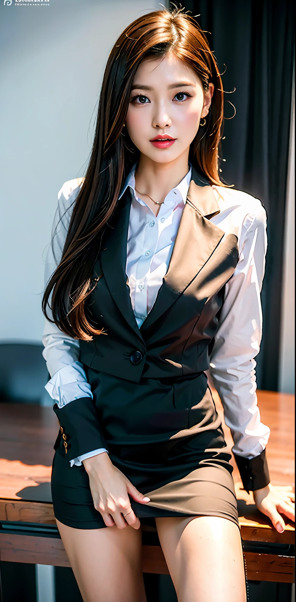 (8k, RAW photo, top quality, masterpiece: 1.2), (realistic, photorealistic: 1.37), super detailed, (detail beautiful girl: 1.4), 1 girl, brown hair, slender body, sexy office lady, office uniform, microskirt, lying on desk