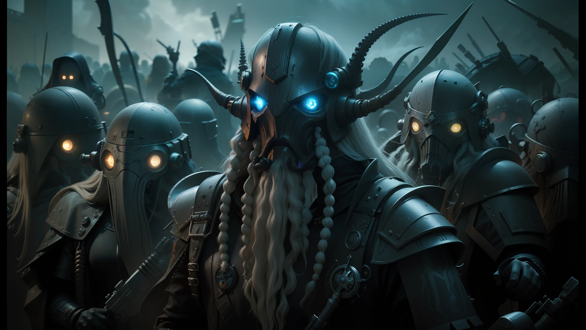 there are many people with strange looking heads and long hair, warhammer 4k, by Fyodor Vasilyev, from a 2 0 1 9 sci fi 8 k movie, squid game, dystopian digital art, zoidberg, wearing dark maritime clothing, subtle lovecraftian vibes, cute cyber gods, video game render --auto --s2