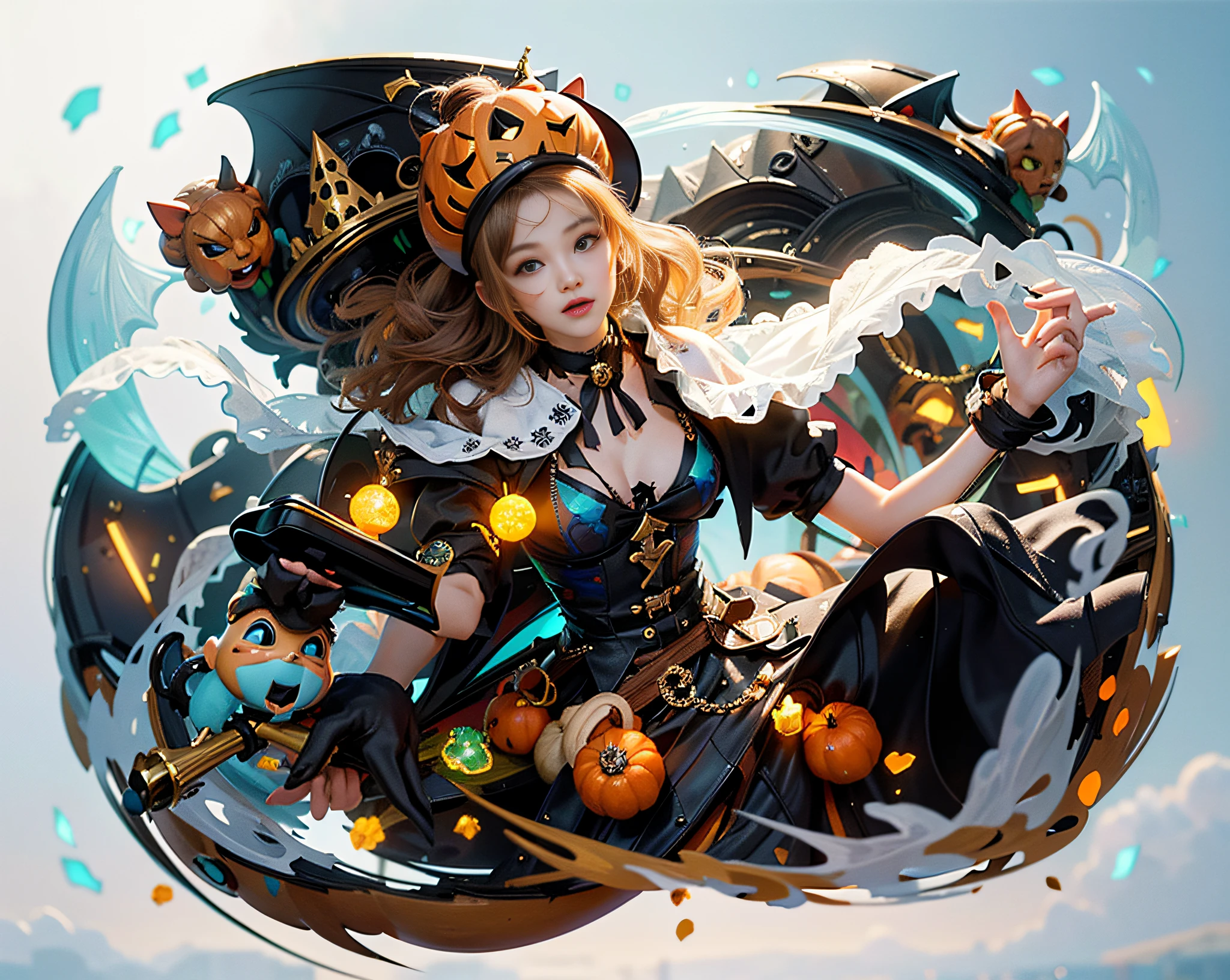 ((best quality, 8k, masterpiece :1.3)), full body, long legs, sharp focus :1.2, a beautiful woman with perfect figure :1.4, slender abs :1.1, ( huge breasts :0.8)), (pumpkin hat), highly detailed face and skin texture, brown eyes, beautiful and delicate eyes, double eyelids, smile, professional lighting, photon mapping, radiosity, physically based rendering, (pale skin: 1.2), looking at the audience, brightening the skin, shooting in front of the light, Pumpkin in right hand, lots of candy, realistic cat, realistic bat