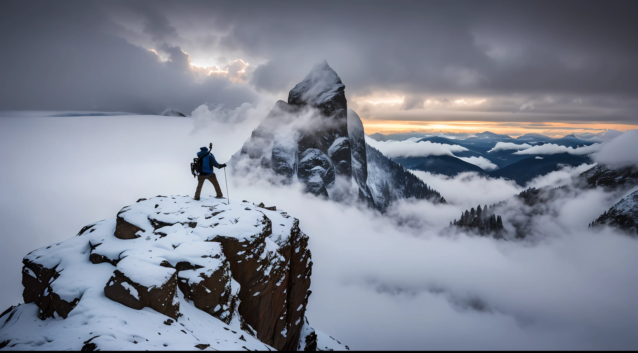 ((best quality)), surrealist world, man on his back in a victorious position, atop a steep mountain covered in mist at the top, soft light, wintry scenery, falling snow, dramaticity in the composition.