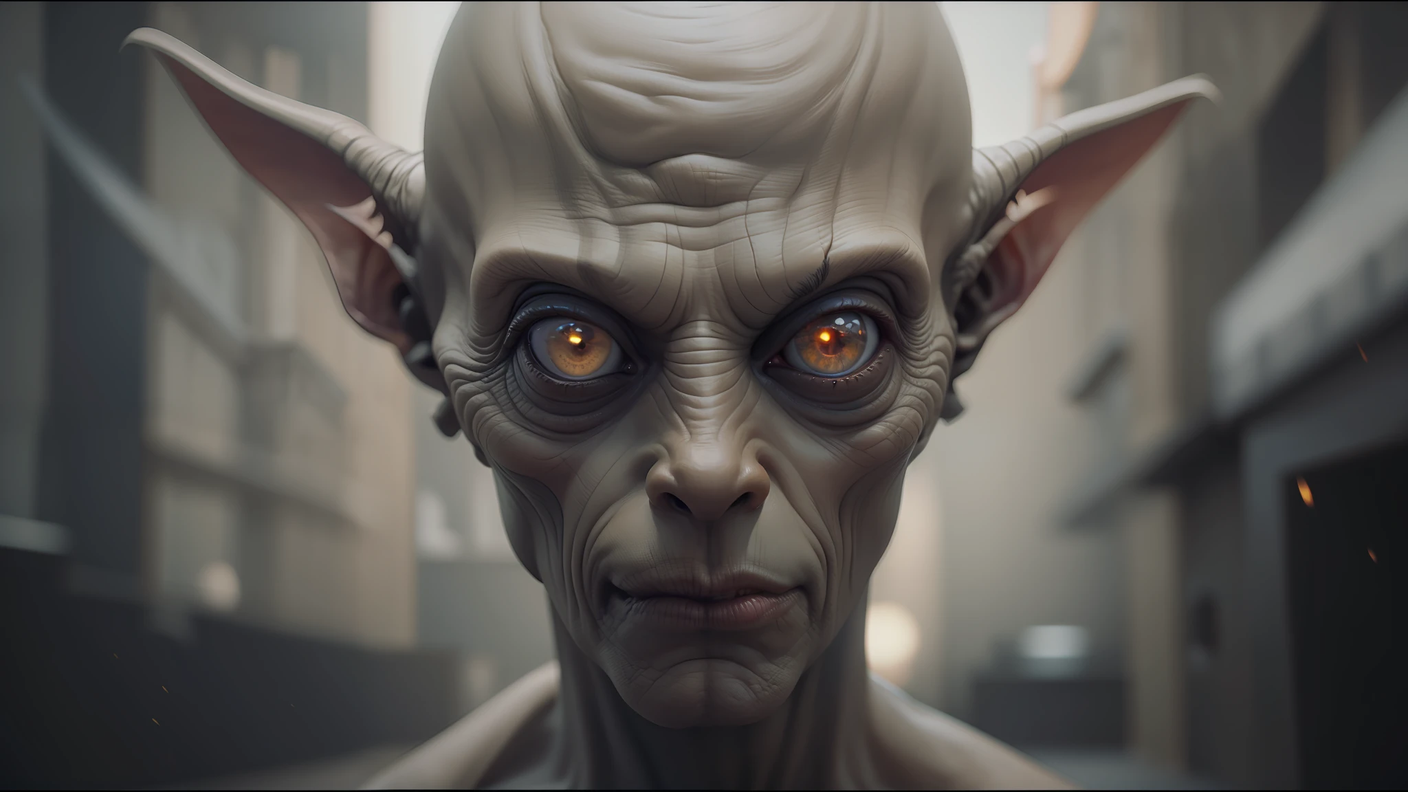 there is a very strange looking alien with big eyes, cgsociety unreal engine, still from a music video, goblin, as illustrated in top cow comics, awarded on cgsociety, computer cgi, inspired by Stanisław Masłowski, filmstill, symmetry ; photorealistic, gollum, djinn, by Matteo Pérez, shot on anamorphic lenses --auto --s2