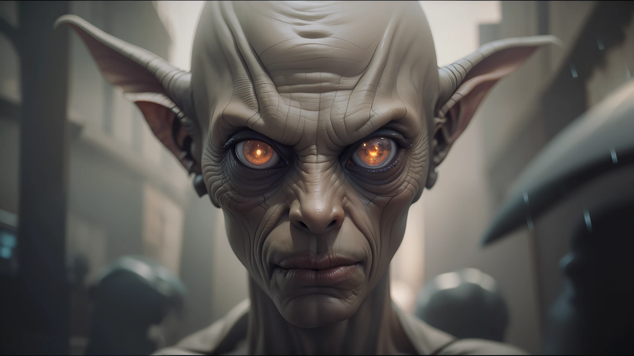 there is a very strange looking alien with big eyes, cgsociety unreal engine, still from a music video, goblin, as illustrated in top cow comics, awarded on cgsociety, computer cgi, inspired by Stanisław Masłowski, filmstill, symmetry ; photorealistic, gollum, djinn, by Matteo Pérez, shot on anamorphic lenses --auto --s2