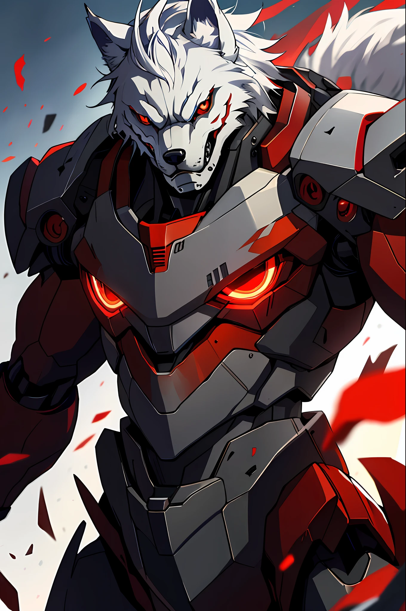 Hungry wolf, red eyes, masterpiece, best quality, twilight, battlefield, muscular male, depth of field, messy, mecha danshi, red eyes