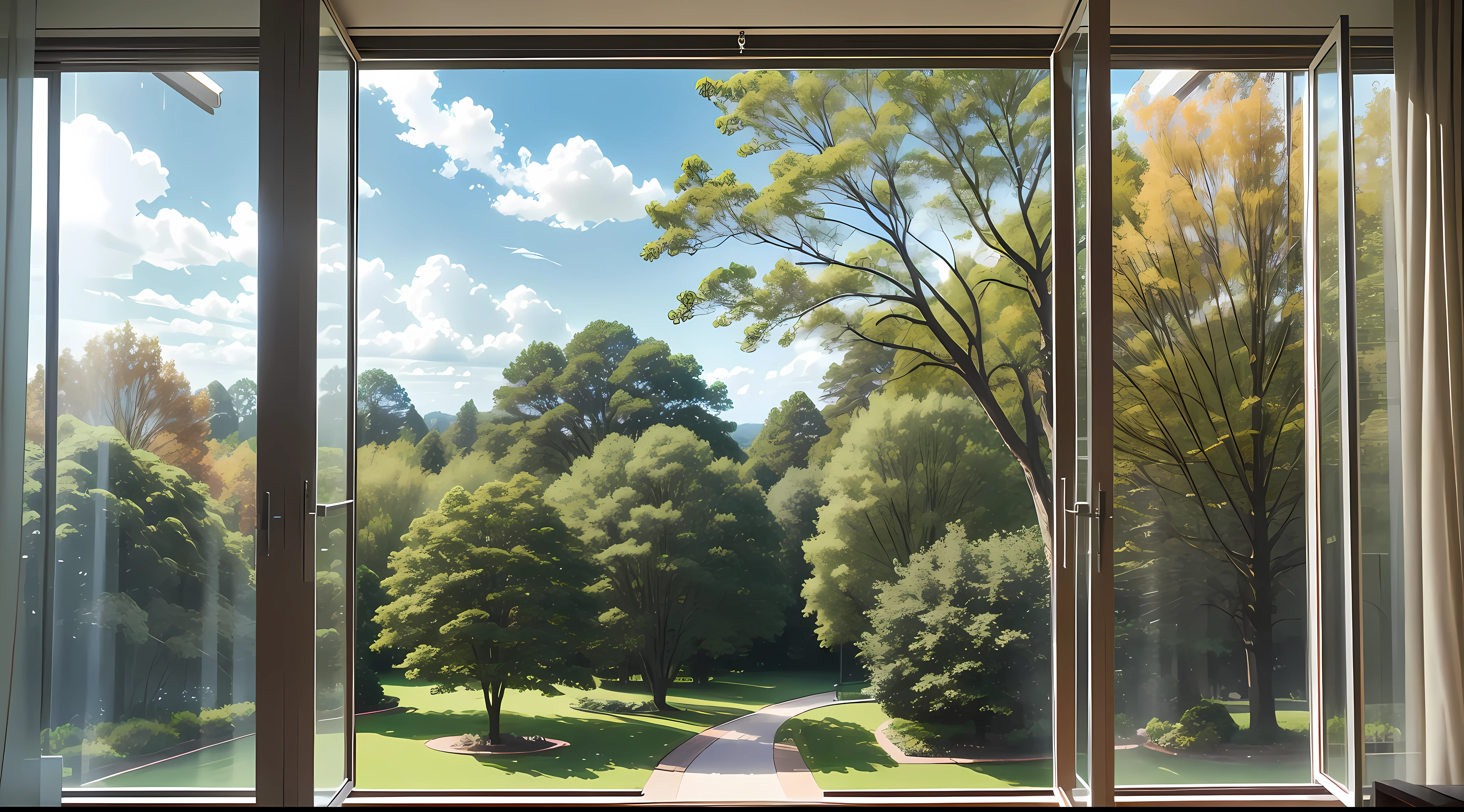 Pleasant environment, view from the window, looking through the window, trees in the background, trees in the background, trees, trees outside, scenery from the window, landscape shooting, trees in the foreground, parks and gardens, park in the background, window view, various trees behind, nature outside, realistic style --auto --s2