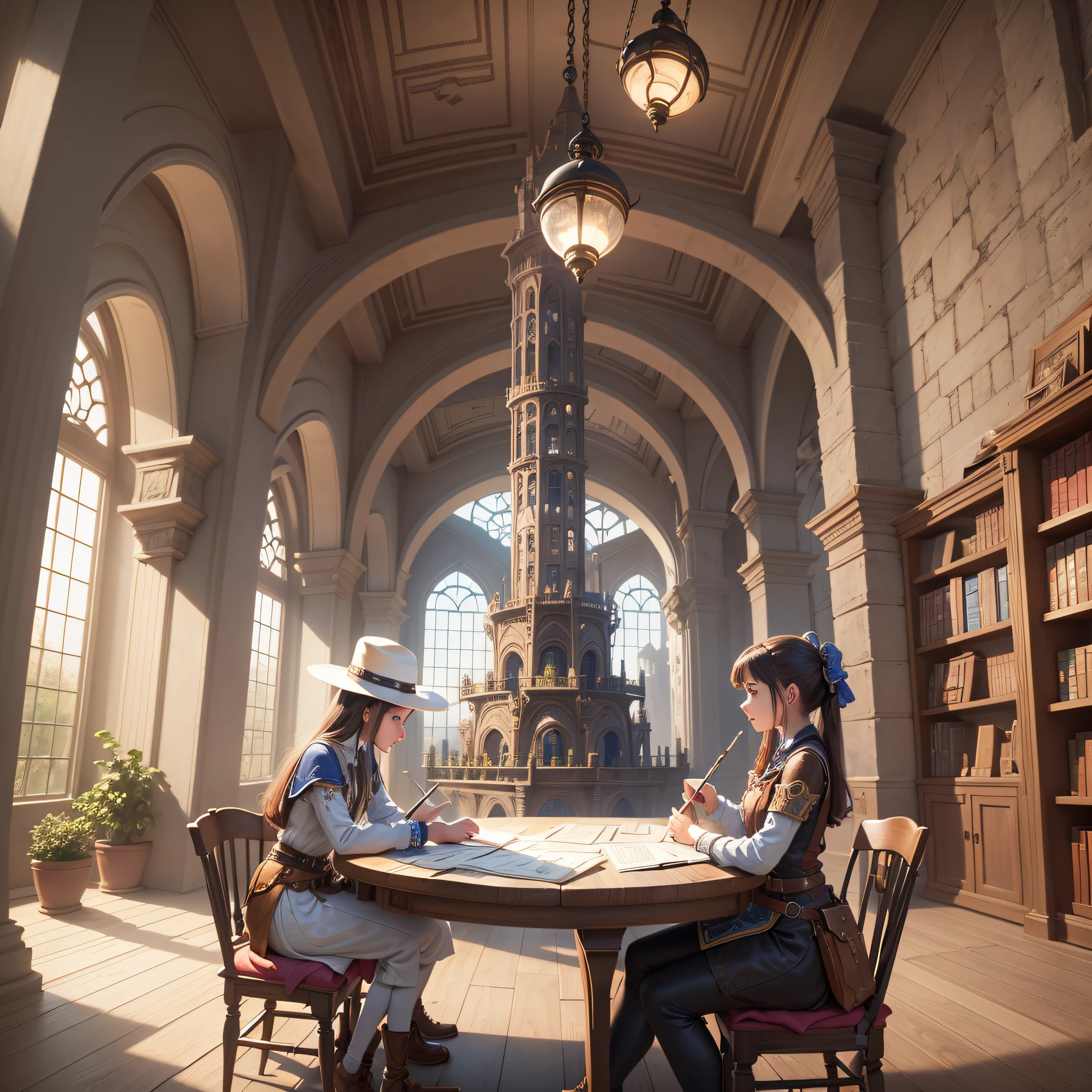 in magical tower, Smart young human engineer, Human engineer drawing engineering drawings, Humans drawing engineering drawings on a table, An expression of surprise, Amazing discoveries were made, Work with merchants, Trade, Merchant dressed people --ar 16:9 --auto --s2