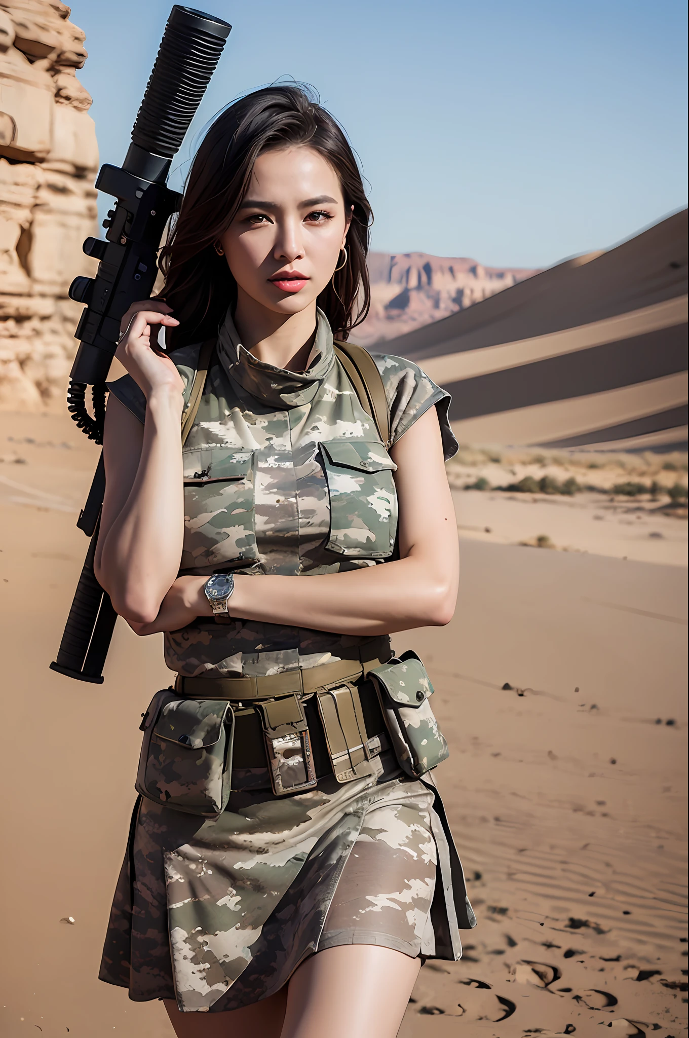 1girl, superb, elegant colors, (realistic, high detail, masterpiece, ultra-detailed, dynamic angle, amazing, cinematic lighting, illustration, chiaroscuro, backlight, god light, holland, best quality, best quality, wearing tight desert camouflage vest, wearing desert camouflage short skirt, posing good-looking, belting, wearing military watch, armored car with desert camouflage outdoors in background, digital painting, highly detailed, super high quality, professional photography, 8k, ultra hd, desert background, real skin texture , normal intact fingers, correct facial features, clear focus, eye-catching lighting, blue sky