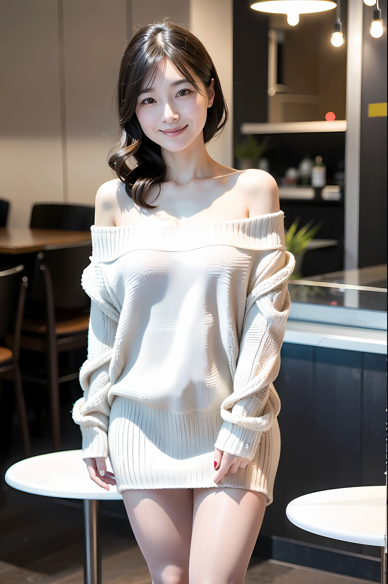 mix4, (8k, RAW photo, best quality, masterpiece: 1.2), (realistic, photorealistic: 1.37), 1 woman, beautiful, beauty, professional lighting, photon mapping, 1girl, (8k, RAW photo, best quality, masterpiece: 1.2), (realistic, photorealistic: 1.37), solo, ultra detailed, Japan person, (35-year-old woman: 1.3), (smile: 1.2) , sparkling black pantyhose, long shot, beautiful background, (long sweater with white knitted material: 1.2), off-shoulder, beautiful legs, full body, coffee shop, elbows on table, slender full body