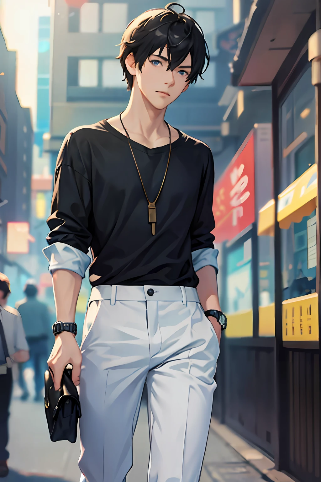1boy, apple, bag, bangs, berry, black hair, black shirt, blue eyes, hair between eyes, jewelry, leaf, looking at viewer, male focus, necklace, pants, shirt, solo, watch, white pants, wristwatch, messy hair, trending on artstation, 8k resolution, highly detailed, anatomically correct, sharp image, digital painting, concept art, trending on pixiv, style of makoto shinkai,