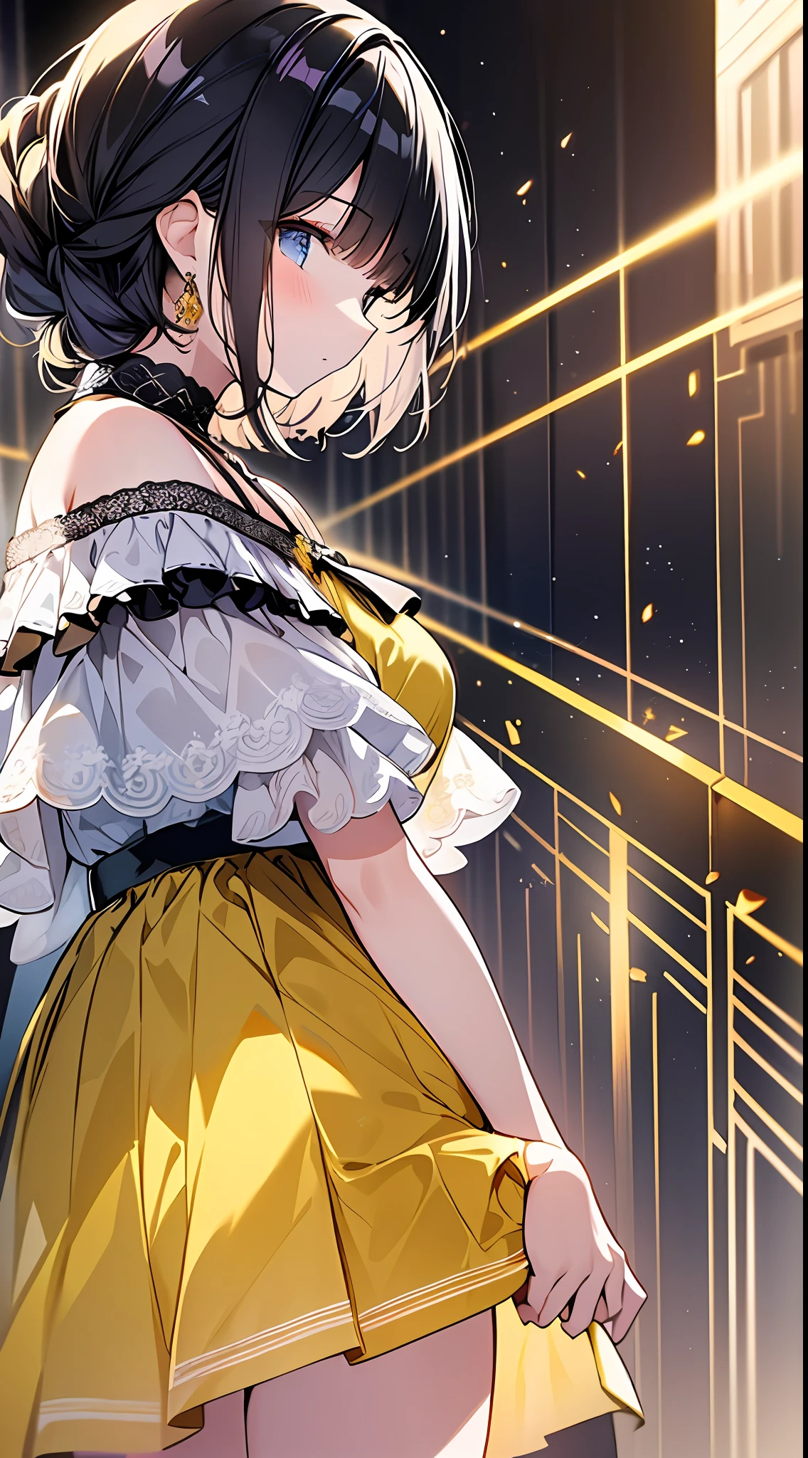 Top quality, masterpiece, high resolution, 8k, pastel colors, luminous yellow dress and skirt anime style girl, one girl, detailed line art, bright white and bright amber style, digital enhancement, anime core, flowing fabric, close-up, short braided hair length to shoulder opening, beautiful black hair, ((low angle))