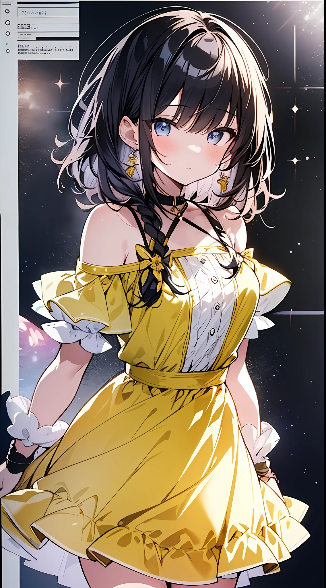 Top quality, masterpiece, high resolution, 8k, pastel colors, luminous yellow dress and skirt anime style girl, one girl, detailed line art, bright white and bright amber style, digital enhancement, anime core, flowing fabric, close-up, short braided hair length to shoulder opening, beautiful black hair, ((low angle))