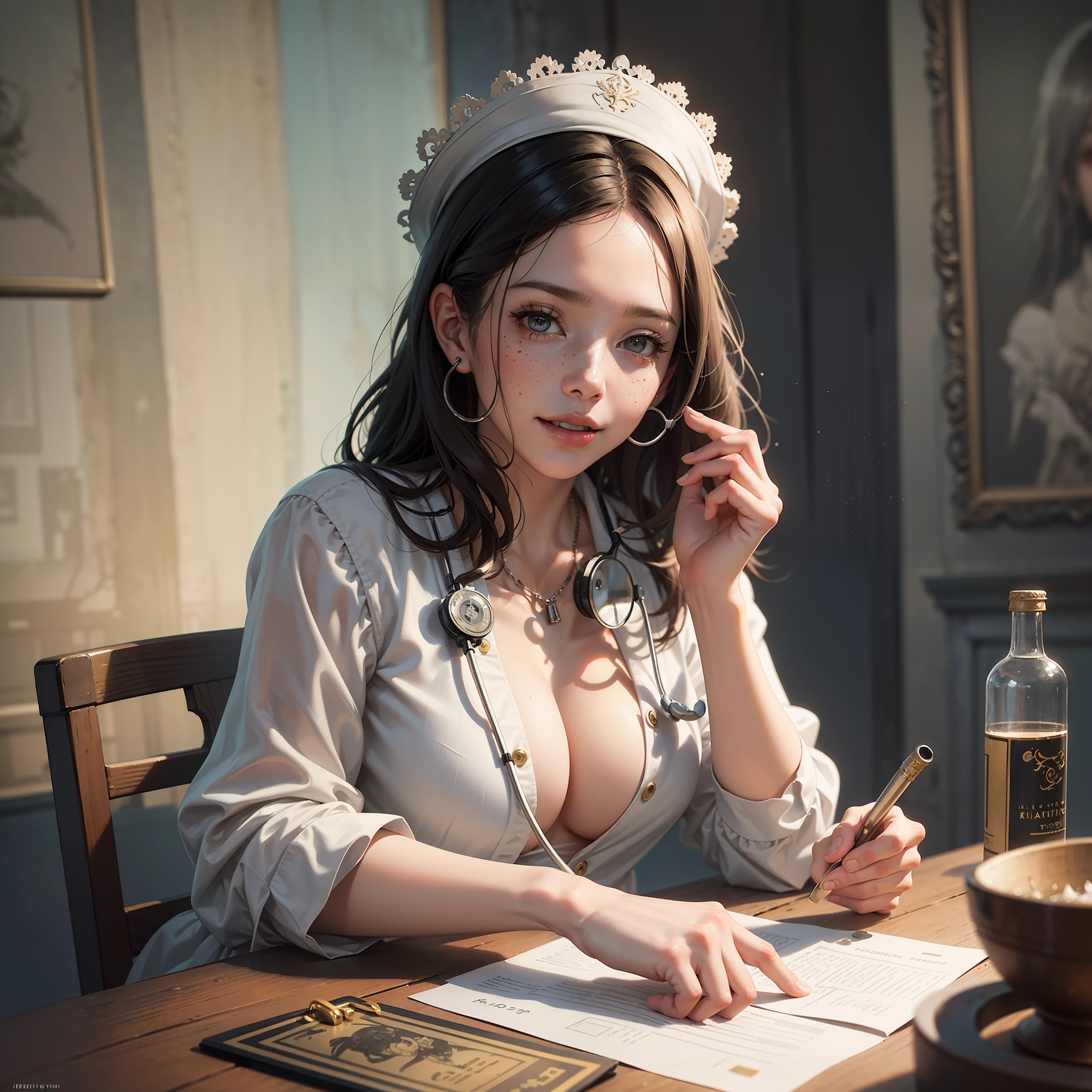 Full body photo of Kelly Brook, the most beautiful artwork in the world, World War II nurse sitting at a nearby table with a bottle of wine, smile, freckles, white dress, nostalgia, sexy, stethoscope, heart Ed Blinkey, professional majestic oil painting by Atey Ghailan, Studio Ghibli, by Jeremy Mann, Greg Manchess, Antonio Moro, Trends on ArtStation, Trends on CGSociety, Intricate, High Detail, Sharp Focus, Photographic Painting Art by Midjourney and Greg Rutkowski --auto --s2