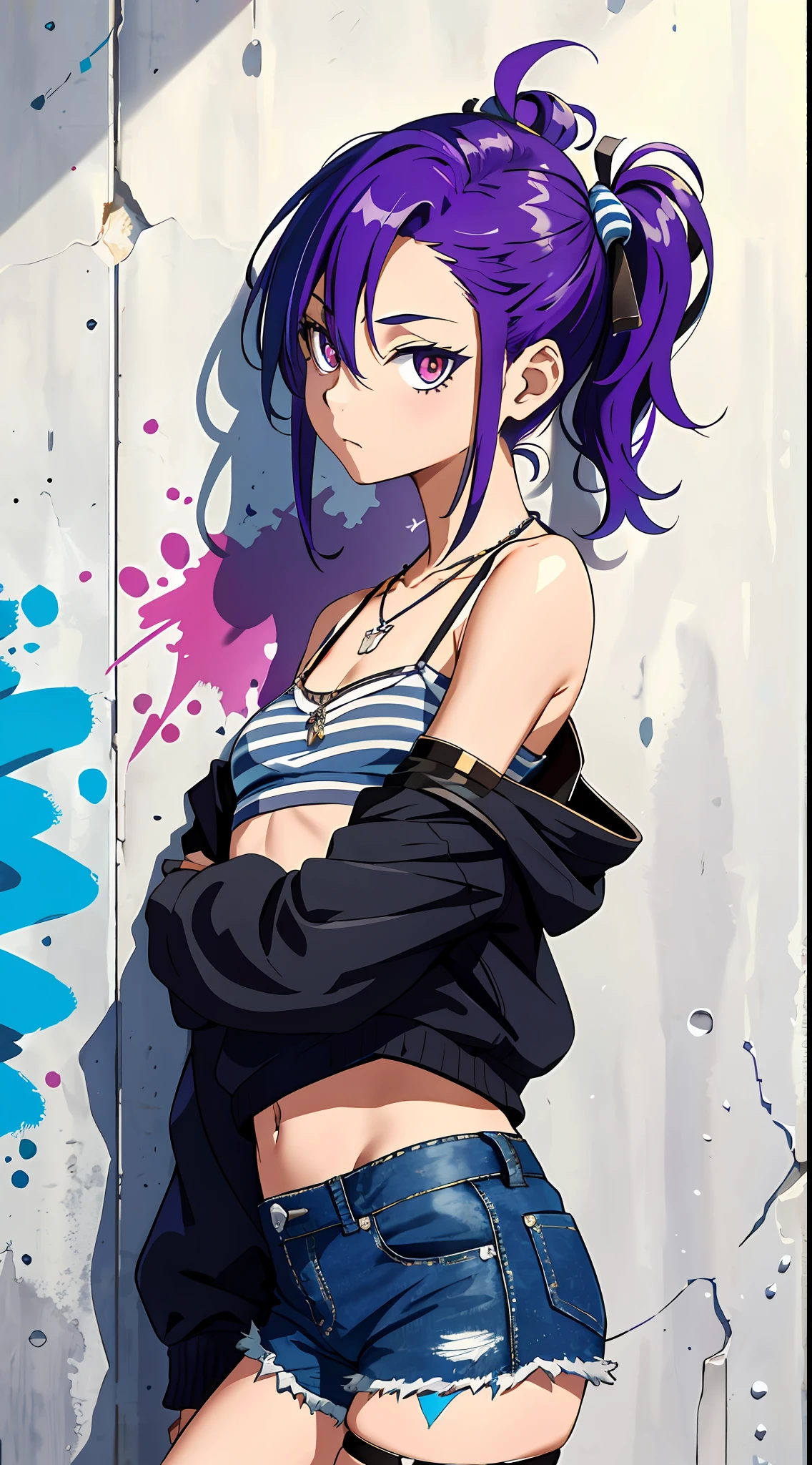 Ridiculous, best quality, 1 girl, solo, striped hair, crop top , denim shorts, necklace, (graffiti: 1.5), paint splash, behind arms, (slouchy), leaning back, against wall, (tilted sideways: 0.25), looking at the audience, armbands, thigh straps, striped hair, body lacquered, upturned eyes, head down, head tilt, (from side: 0.75), boring, (expressionless: 0.75), small breasts