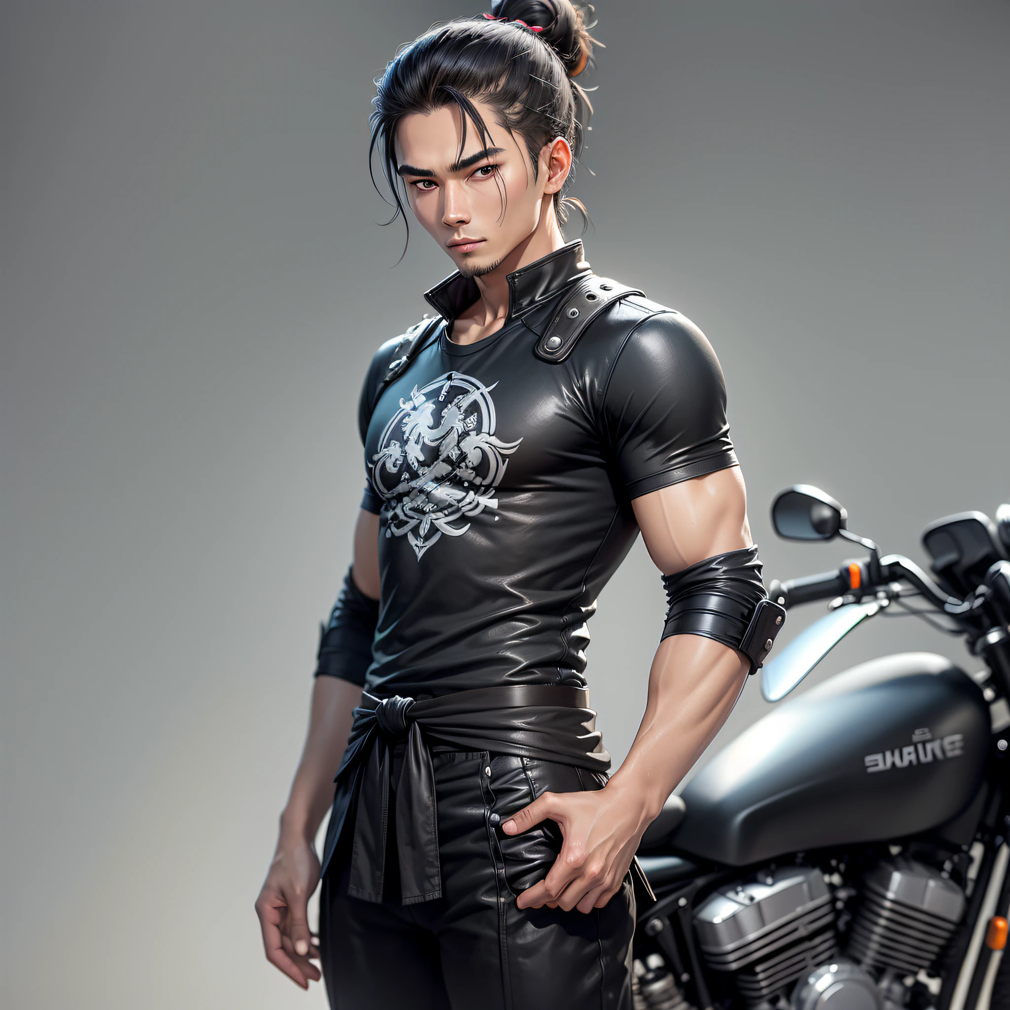 realistic image, young man, beautiful, Thai, with samurai style hair, with a bun on the top of his head, wears black T-shirt, wears black pants, SILVER eyes, detalist and realistic, beautiful, without beard, wearing a blouse, farther from the camera and without bard and with silver eyes and THIN, BEAUTIFUL, BEAUTIFUL, alone, standing, whole body on a motorcycle