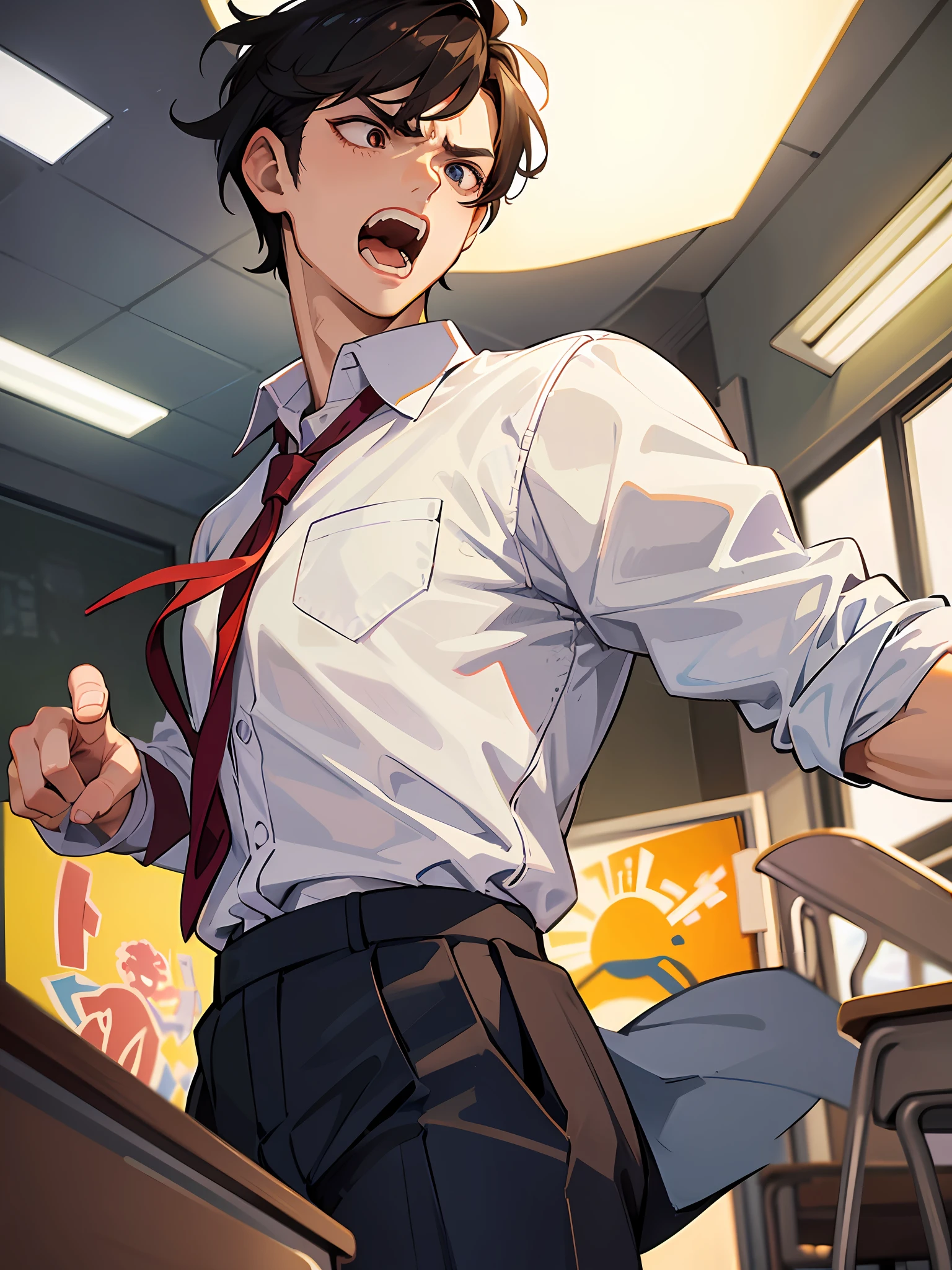 The artwork depicts a young man in a school uniform with his mouth wide open and a classroom in the background. The whole picture creates an atmosphere of young handsome but angry and angry, which makes people feel uneasy and nervous. The young man seemed angry, and his anger and dissatisfaction and wide open mouth made people nervous and frightened