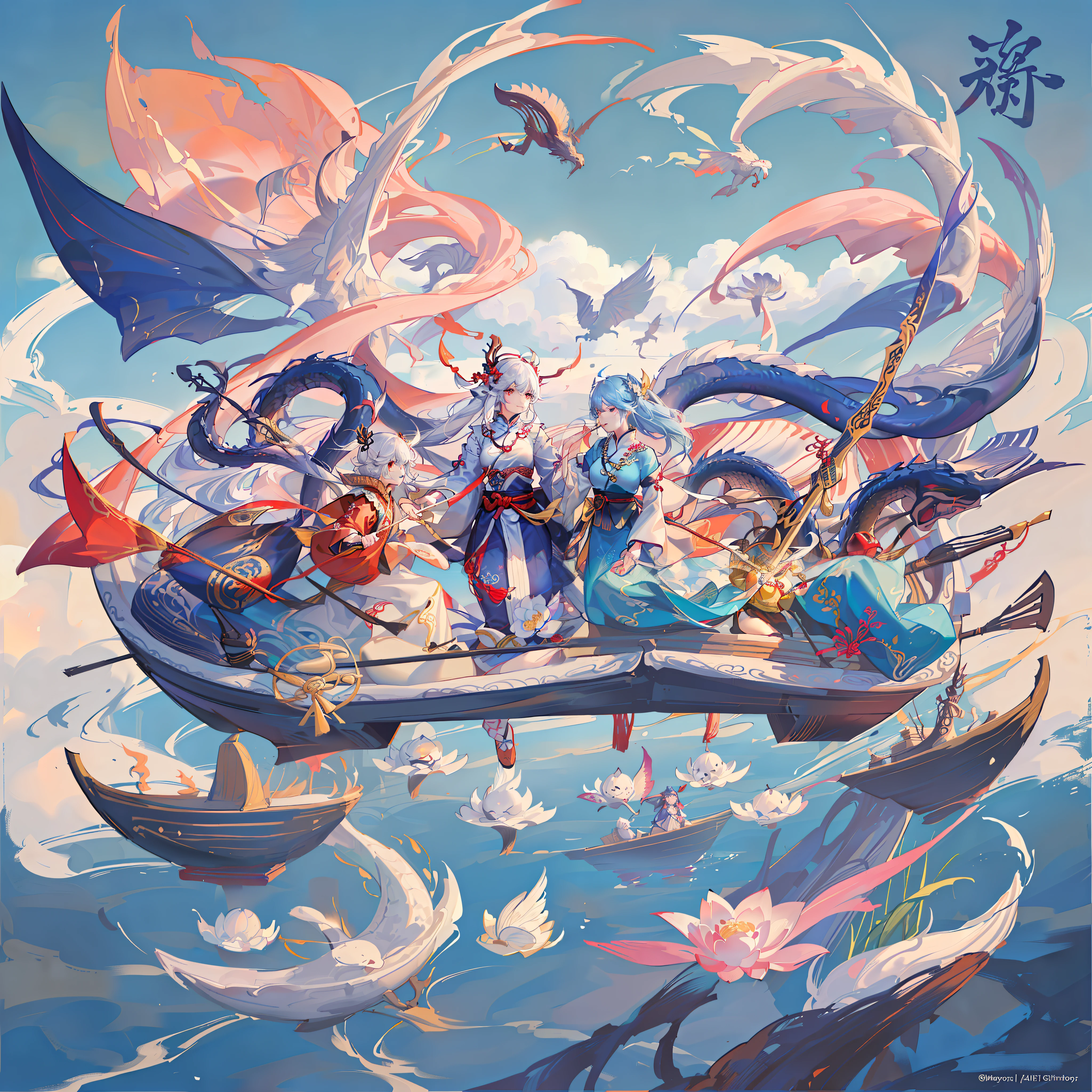 Dragon Boat Festival, traditional culture, ancient customs, dragon boat racing, colorful streamers, auspicious dragon dance, mellow rice dumplings, poetry and song, joyful atmosphere, bright sun, blue sky and white clouds, lotus pond, music like a tide.