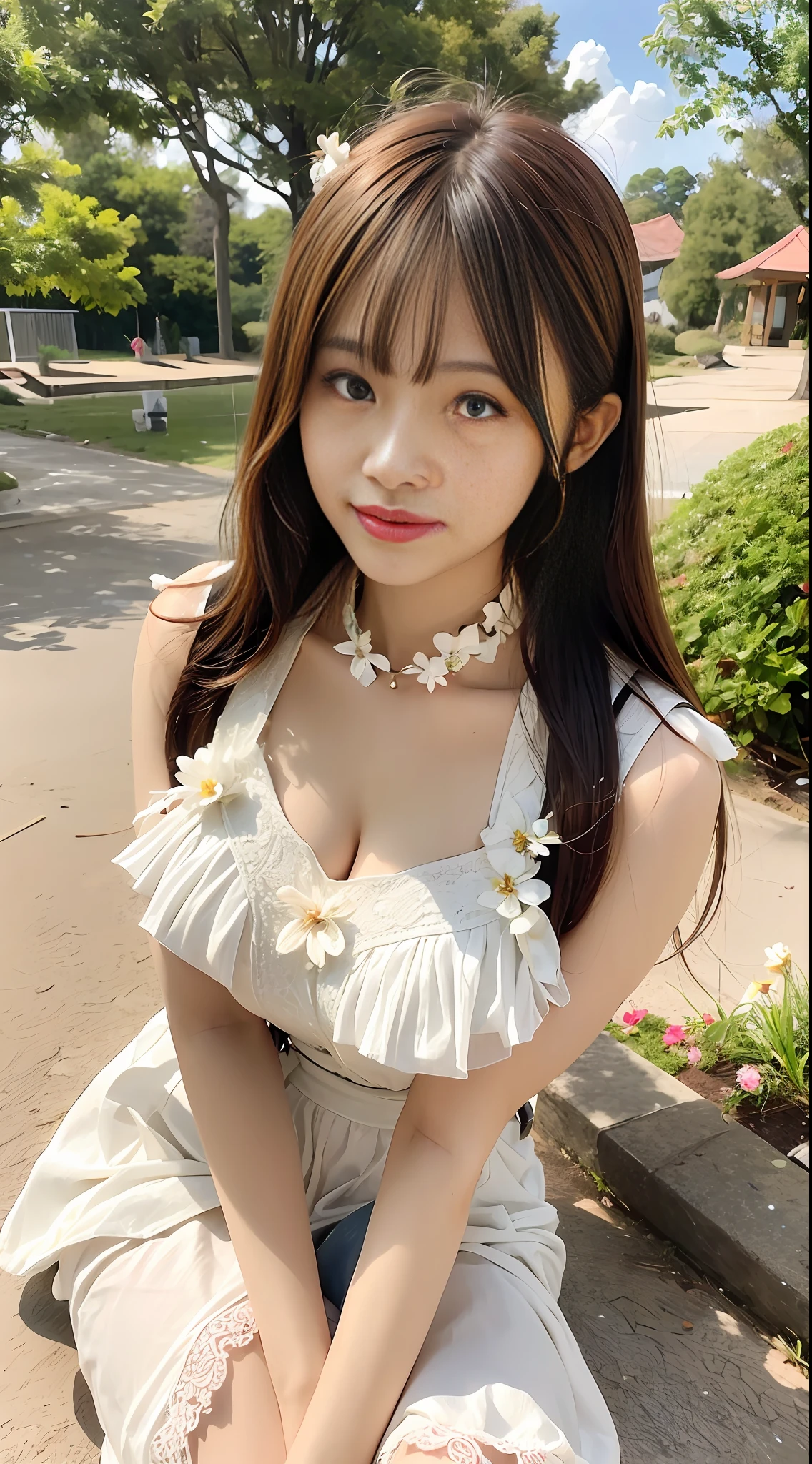 An Asian woman lying in the woods, it's raining, asian girl with long hair, long hair, long brown hair bangs, korean girl, long brown hair, beautiful korean woman, gorgeous young korean woman, brown long straight hair, charming long hair, ulzzang, beautiful korean young woman with long hair thick, (((low cut big breasts)))), (((white spring dress)))), (((flower suspenders))