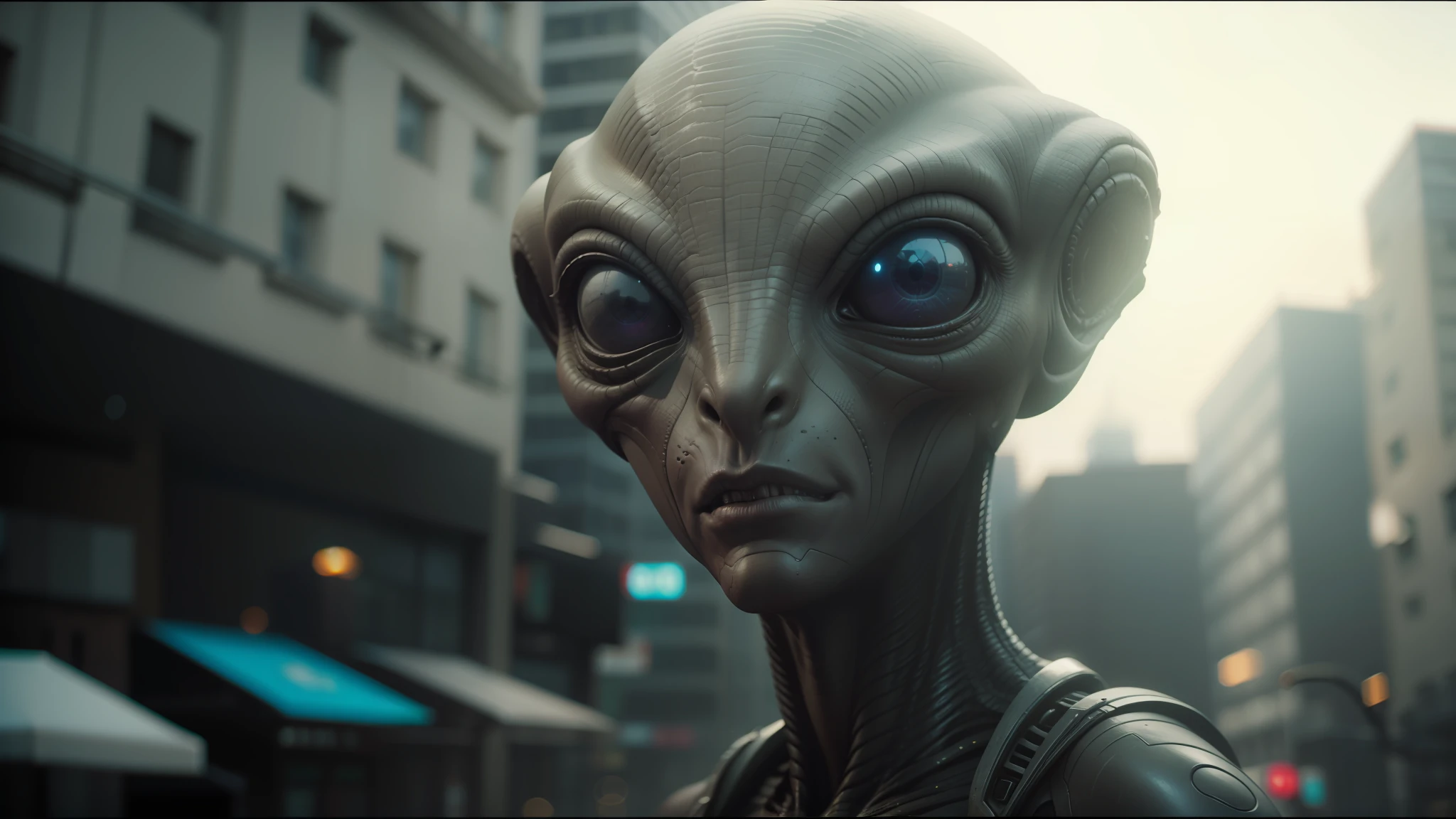 alien looking at camera in urban setting with buildings in background, cinematic studio shot, cinematic stillframe, photorealistic skin texture, photo taken in 2018, sectoid, movie screenshot, realistic creature concept, by Jerry Eisenberg, in-game cinematic, gray alien --auto --s2